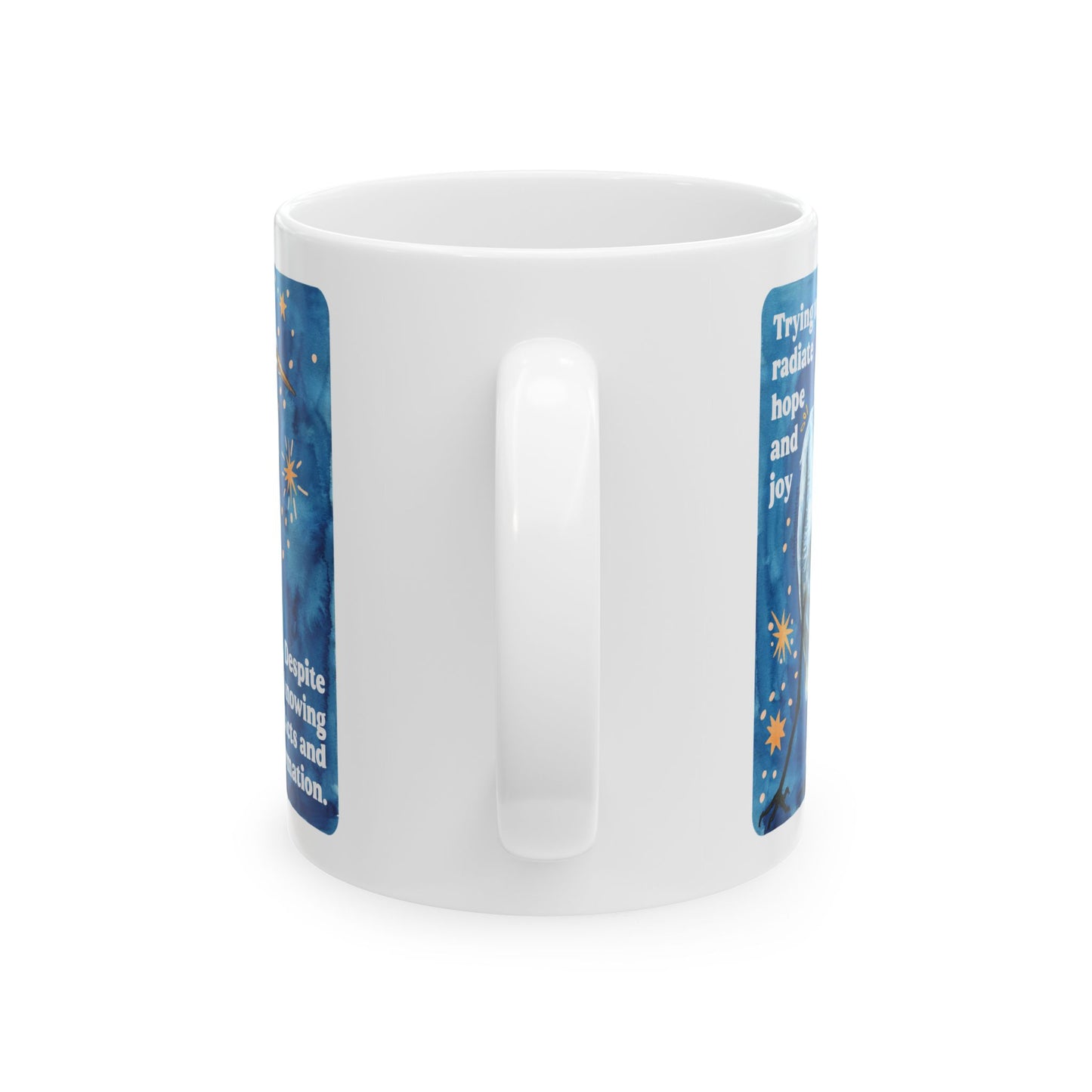 Trying to radiate hope and joy despite knowing facts and information: feminist mug