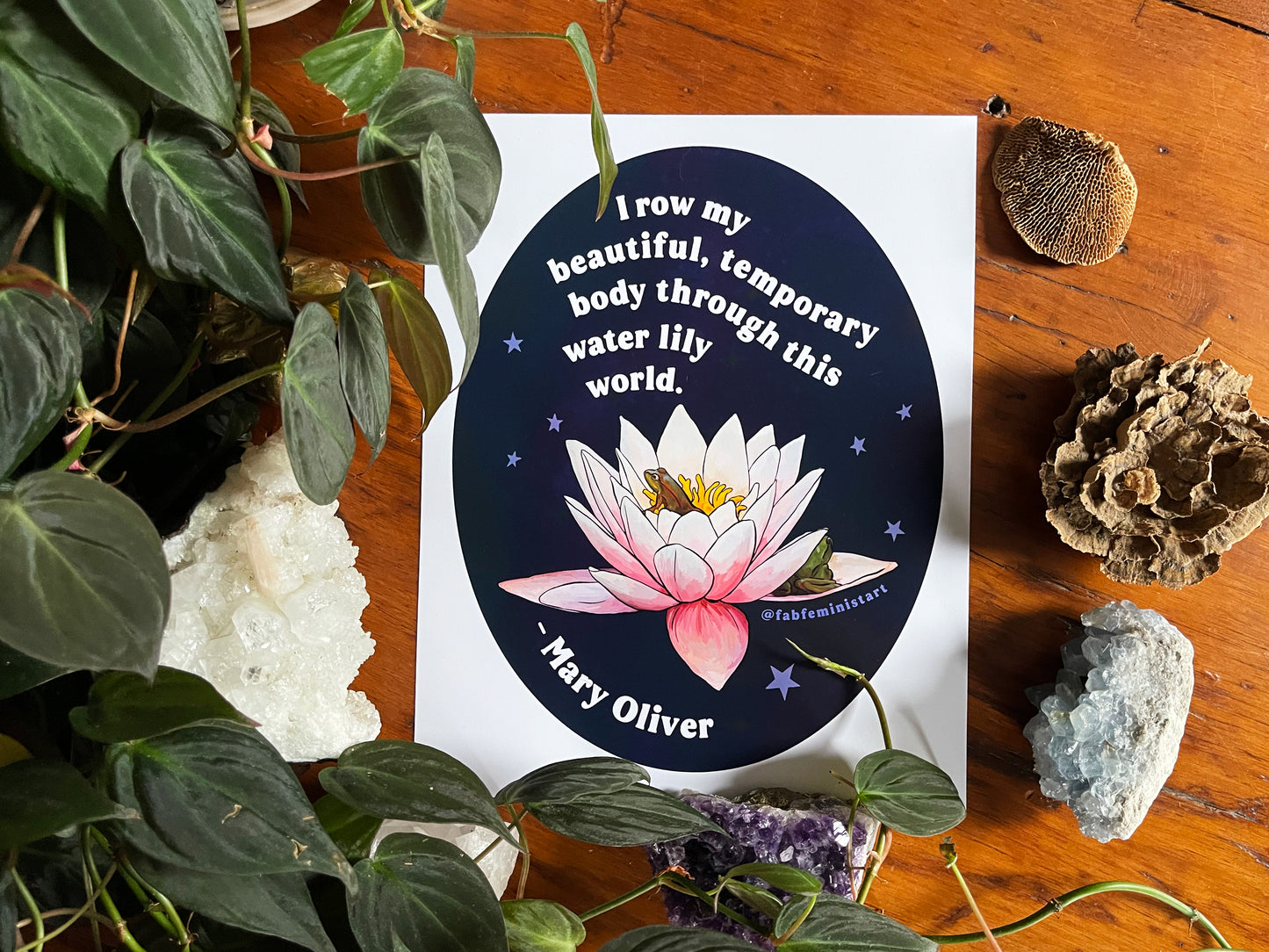 I row my beautiful, temporary body through this water lily world, Mary Oliver: Feminist Art Print