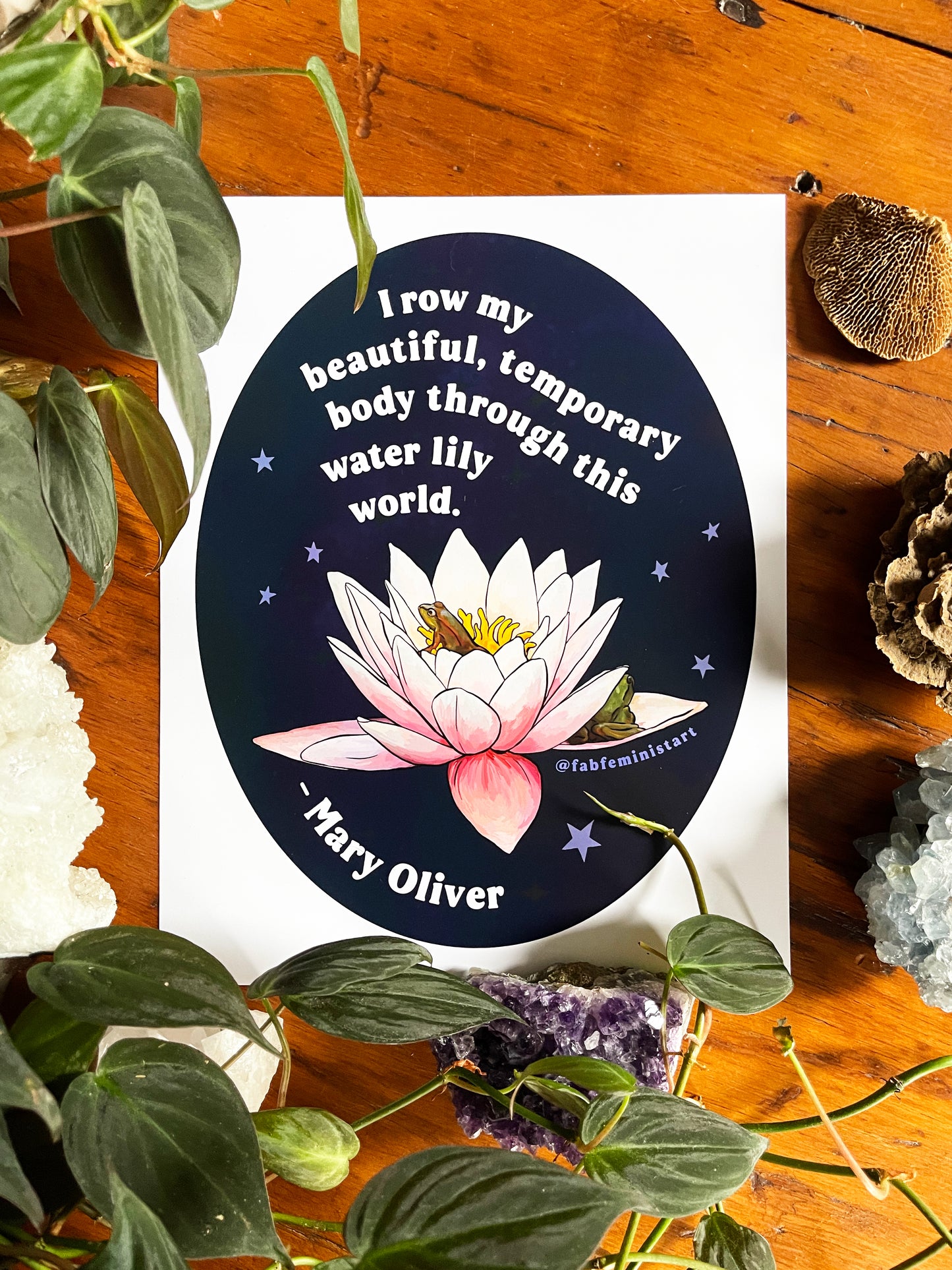 I row my beautiful, temporary body through this water lily world, Mary Oliver: Feminist Art Print