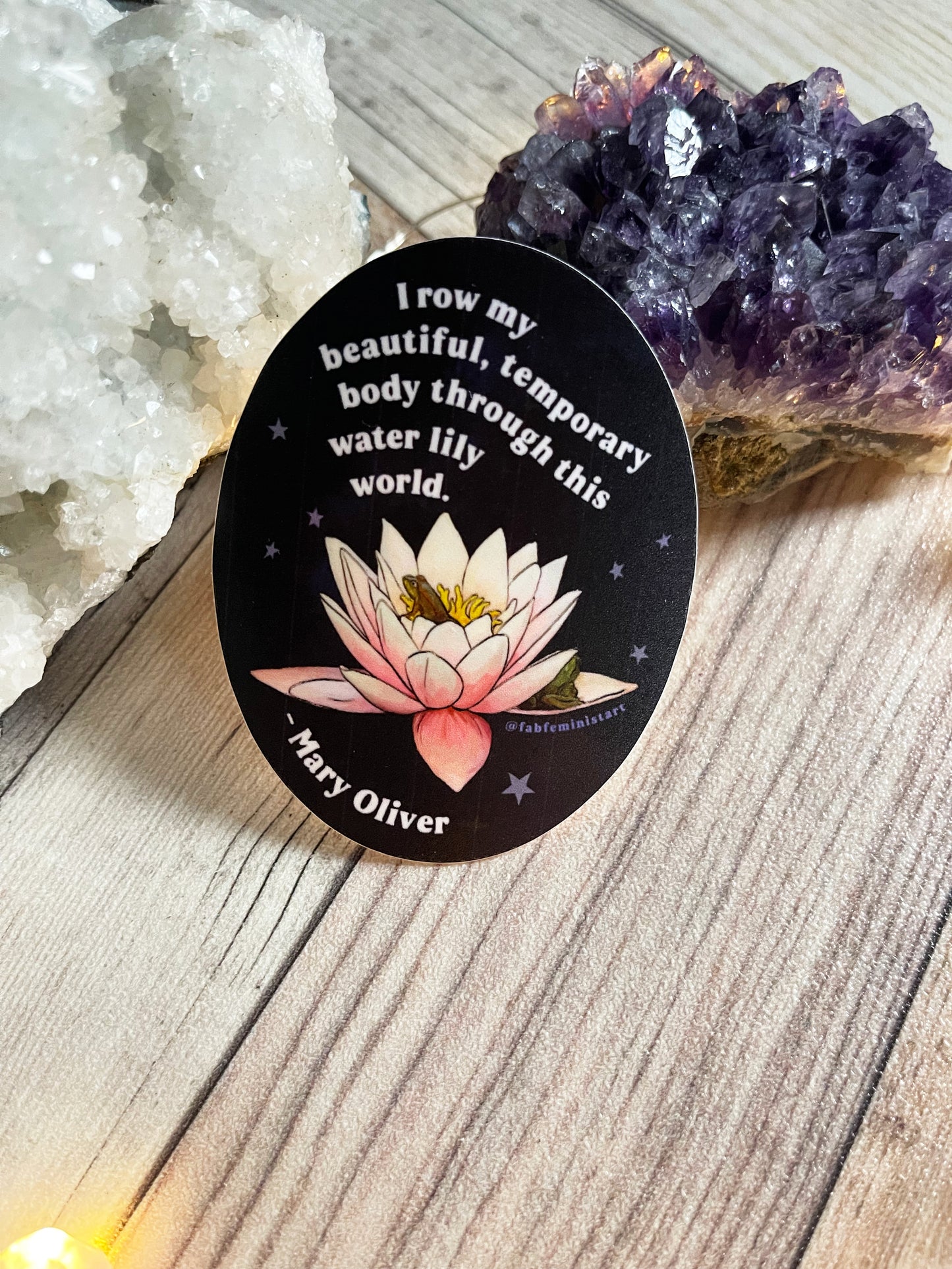 I row my beautiful temporary body through this water lily world, Mary Oliver: Feminist Sticker