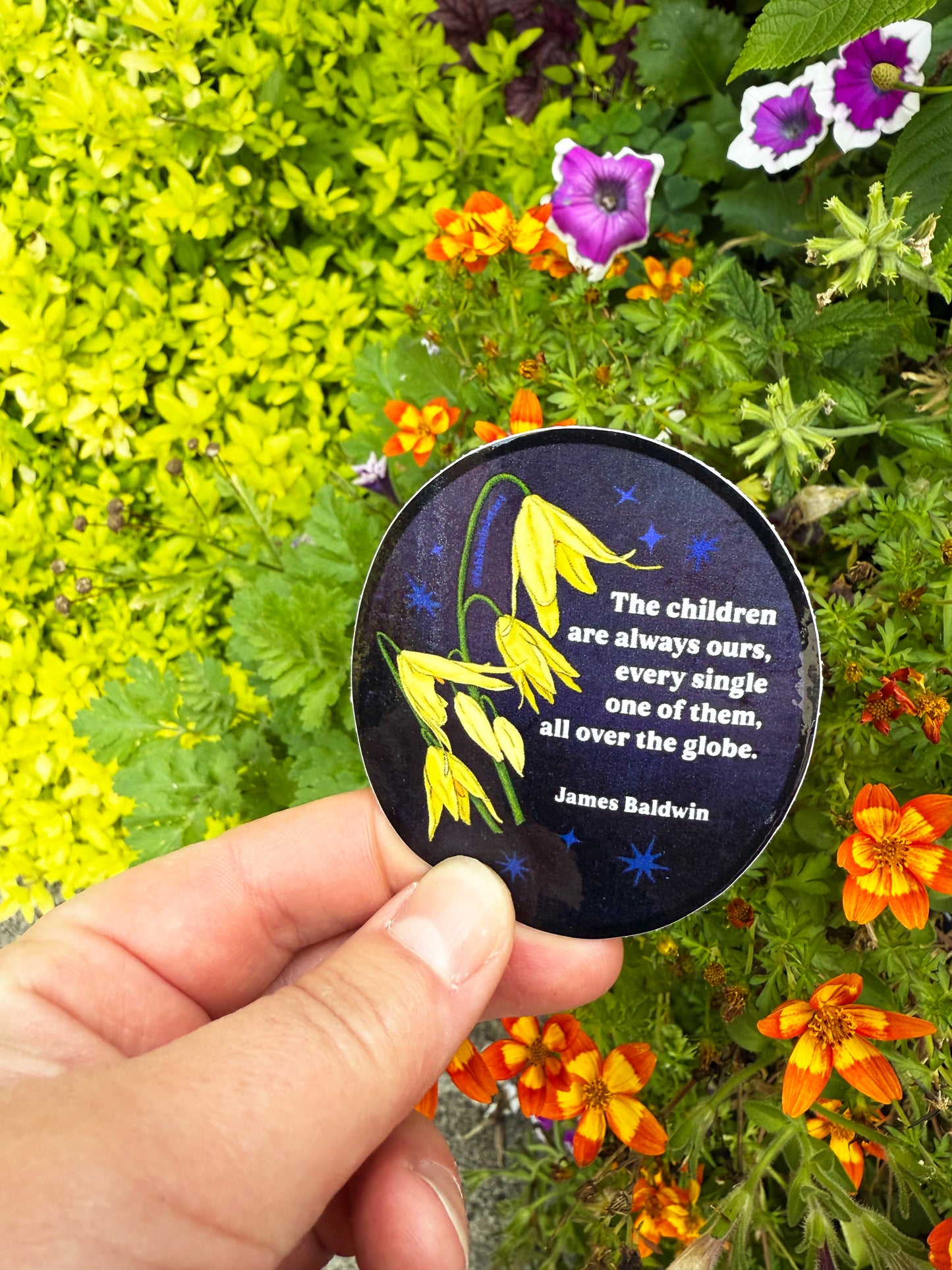 The children are always ours every single one of them all over the globe, James Baldwin: Sticker