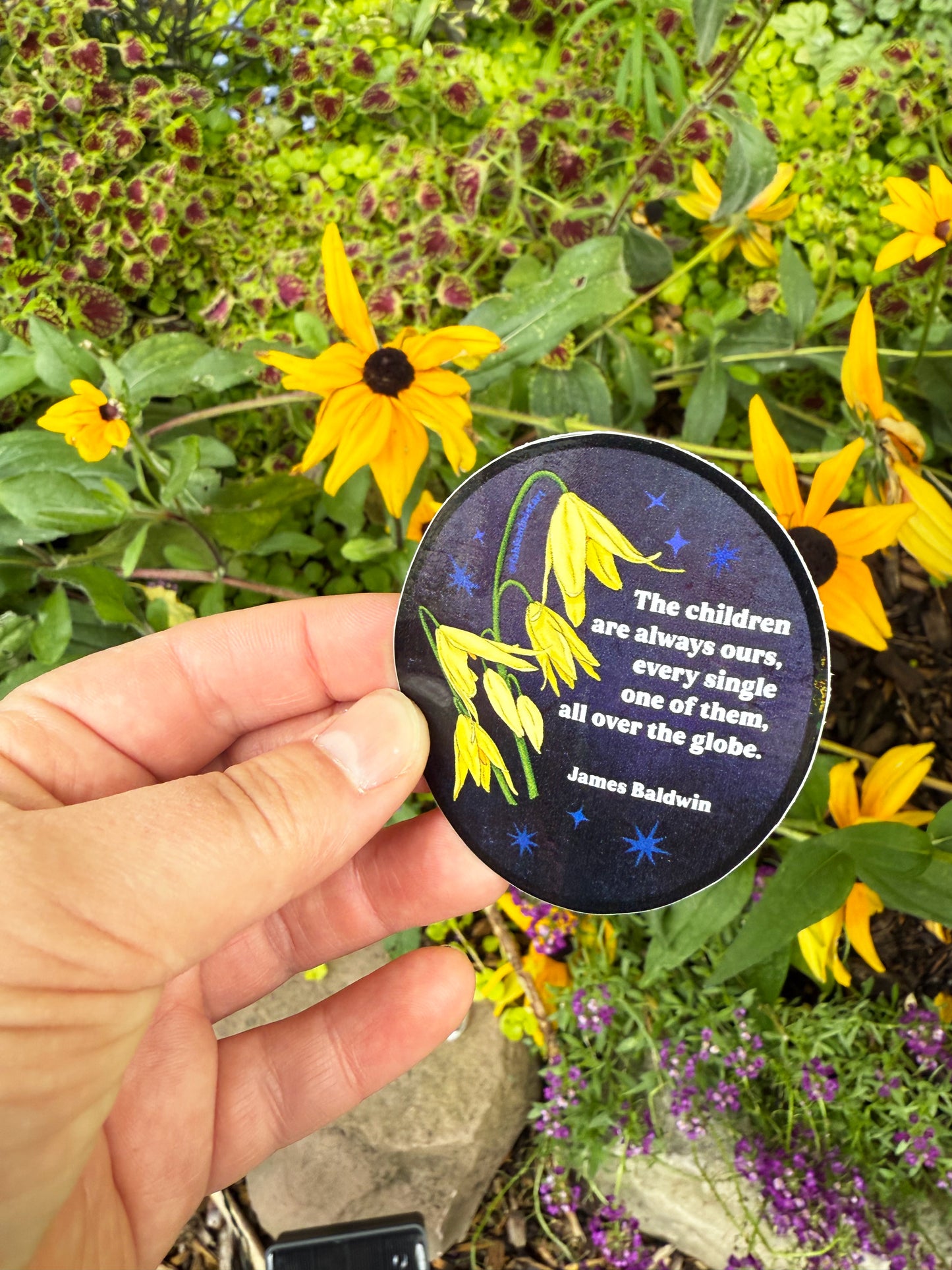 The children are always ours every single one of them all over the globe, James Baldwin: Sticker