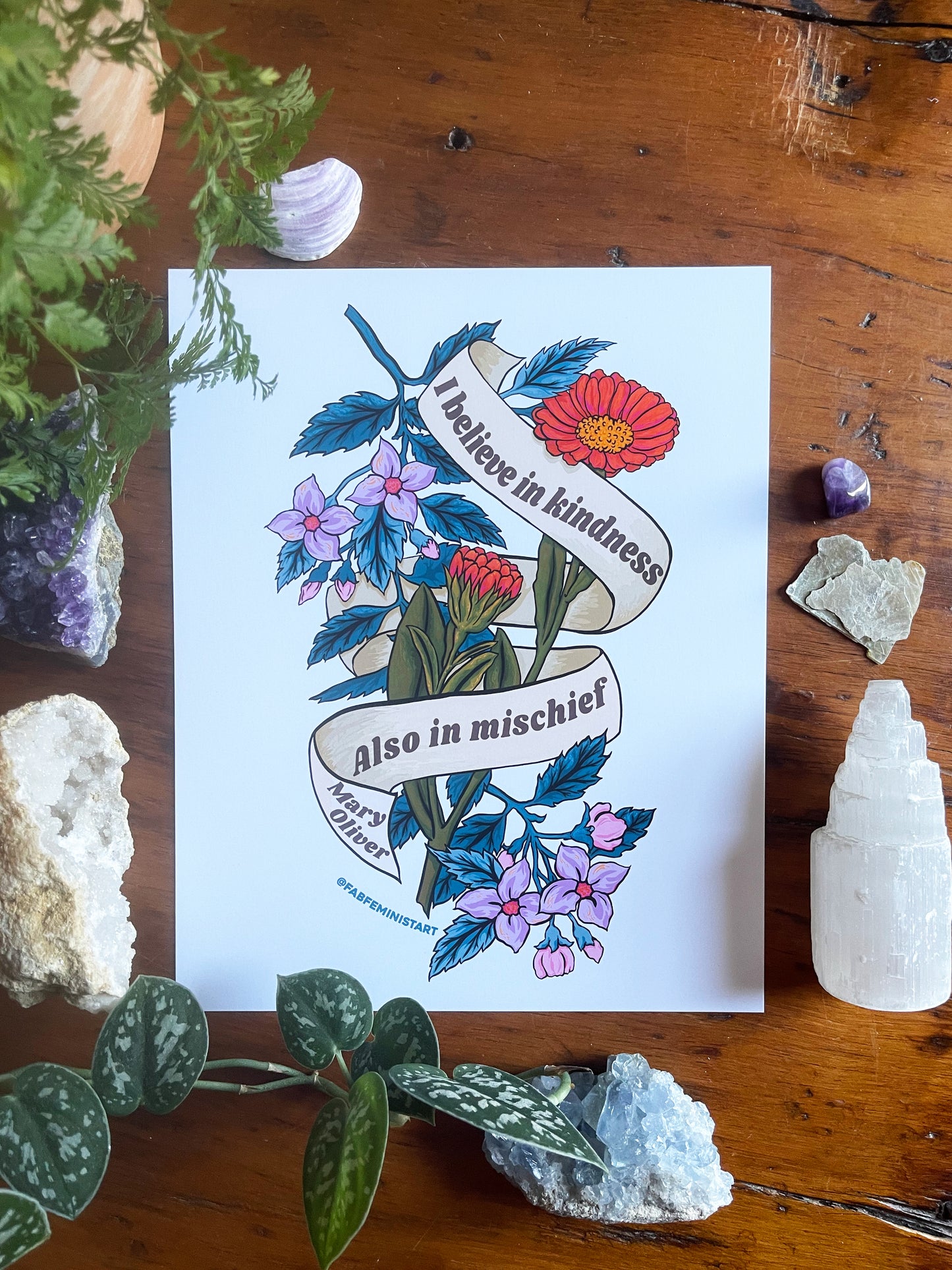 I believe in kindness. Also in mischief, Mary Oliver: Feminist Art Print
