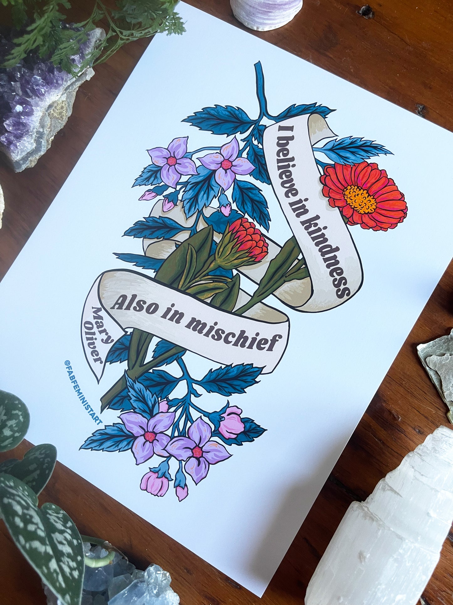 I believe in kindness. Also in mischief, Mary Oliver: Feminist Art Print