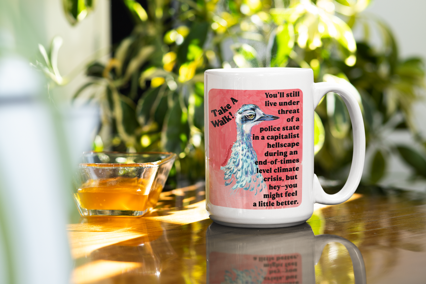 Take a walk! You'll still live under threat of a police state in a capitalist hellscape during an end-of-times level climate crisis, but hey--you might feel a little better: Feminist Mug