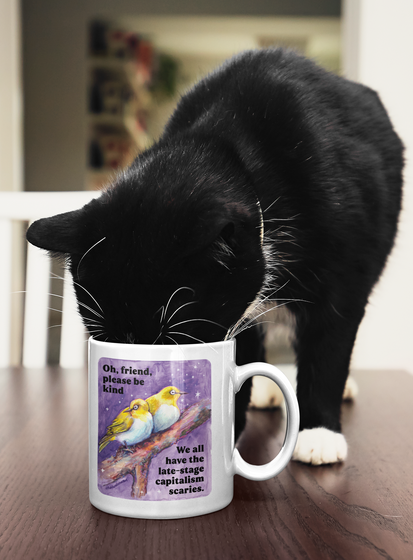 Oh, friend please be kind. We all have the late-stage capitalism scaries: Feminist Mug