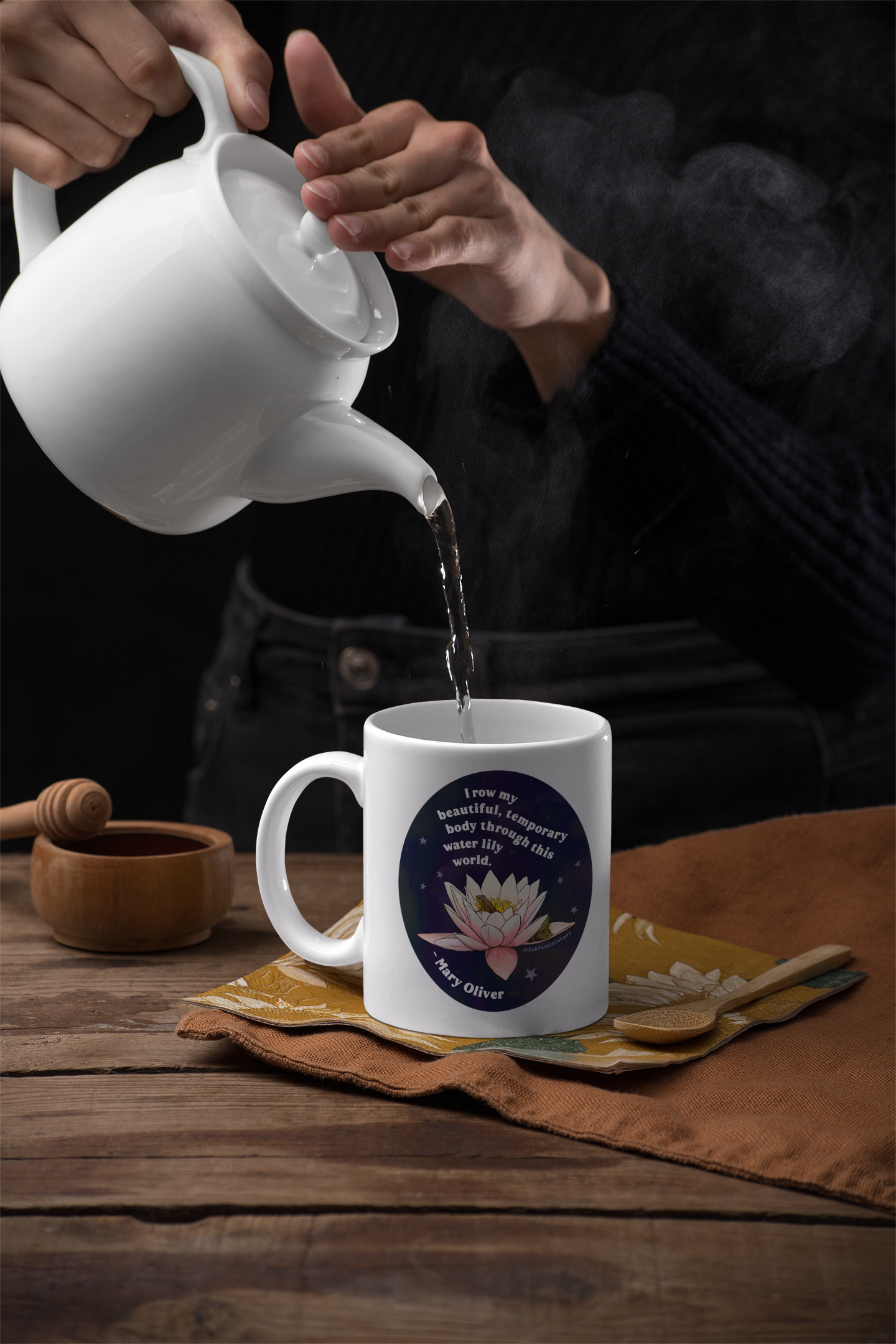I row my beautiful temporary body through this water lily world, Mary Oliver: Feminist Mug