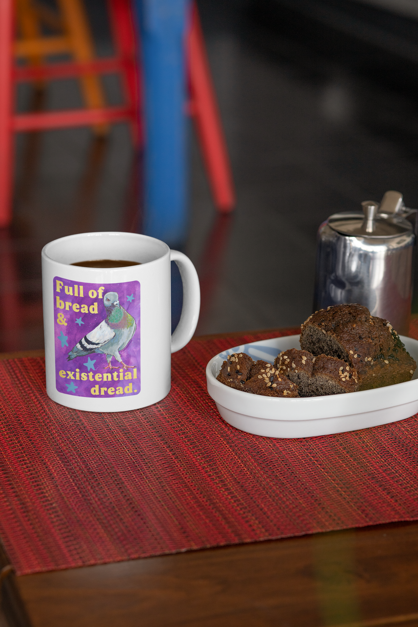 Full of bread and existential dread: pigeon mug