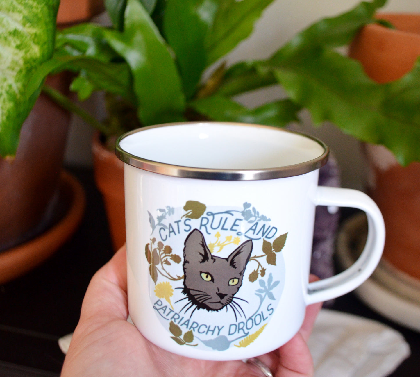 Cats Rule and Patriarchy Drools: Feminist Enamel Mug