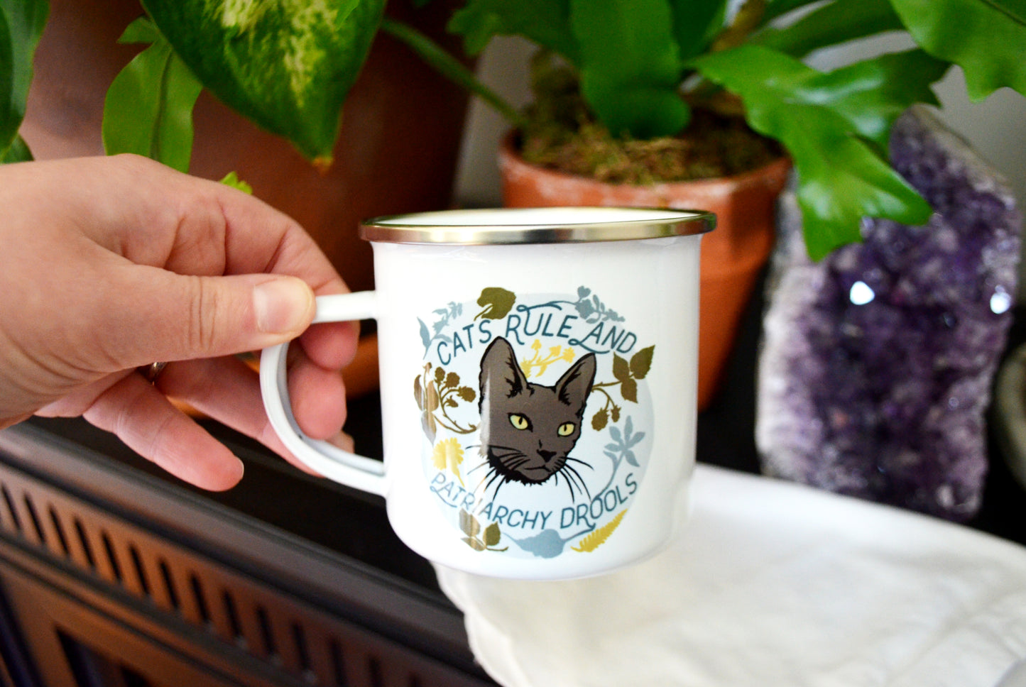 Cats Rule and Patriarchy Drools: Feminist Enamel Mug