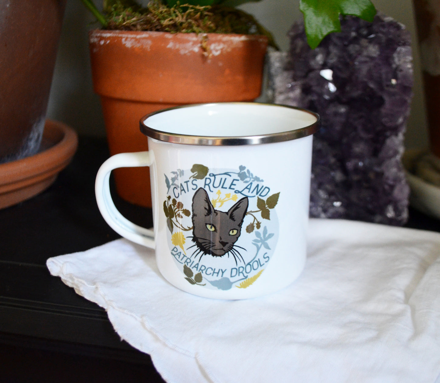 Cats Rule and Patriarchy Drools: Feminist Enamel Mug
