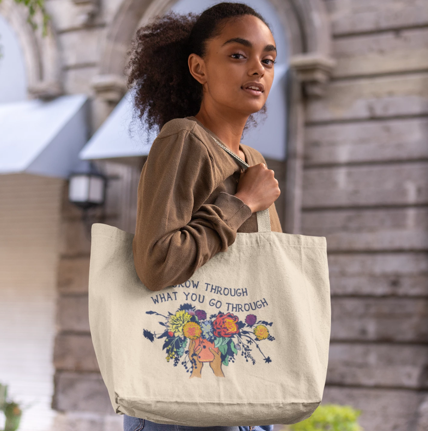 Grow Through What You Go Through: Large organic tote bag