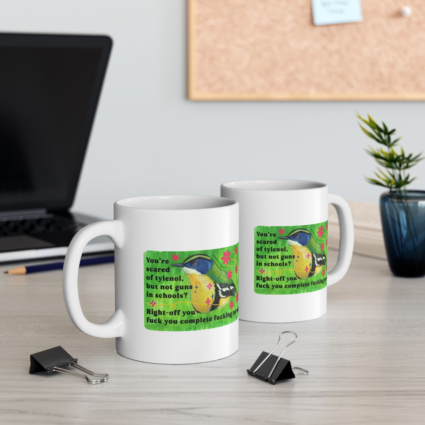 You're scared of tylenol, but not guns in schools? Right-off you fuck you complete fucking turnip: feminist mug
