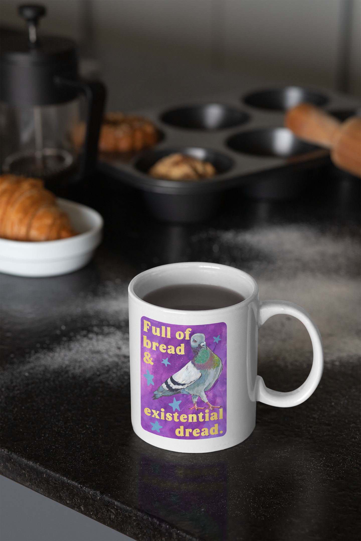Full of bread and existential dread: pigeon mug