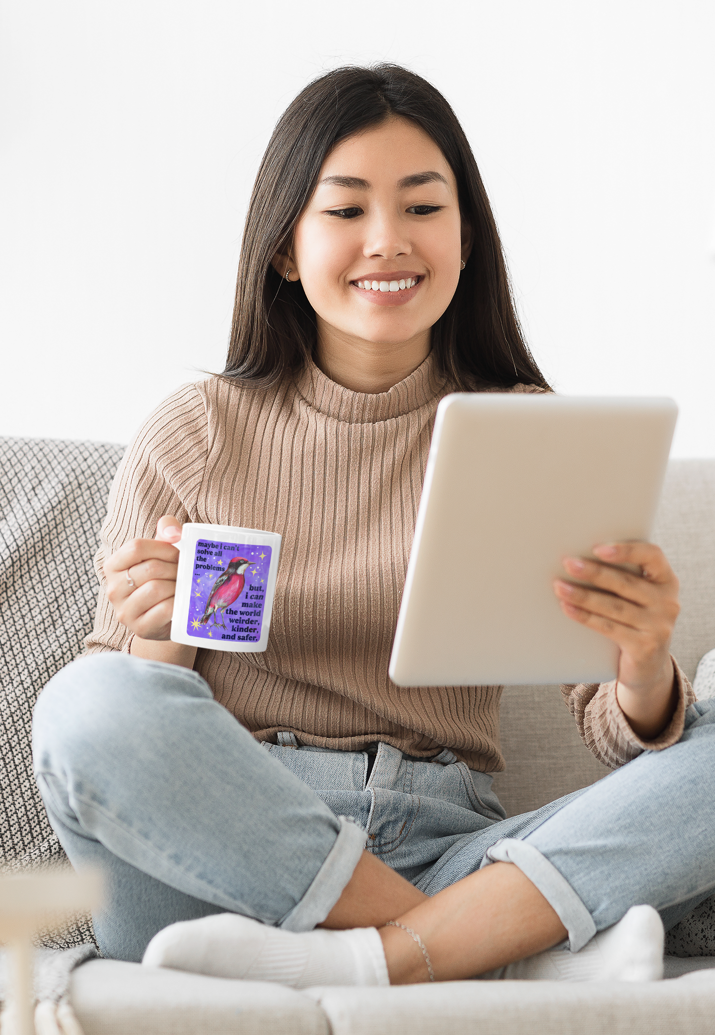 Maybe I Can't Solve All The Problems but I can make the world weirder kinder and safer: feminist mug