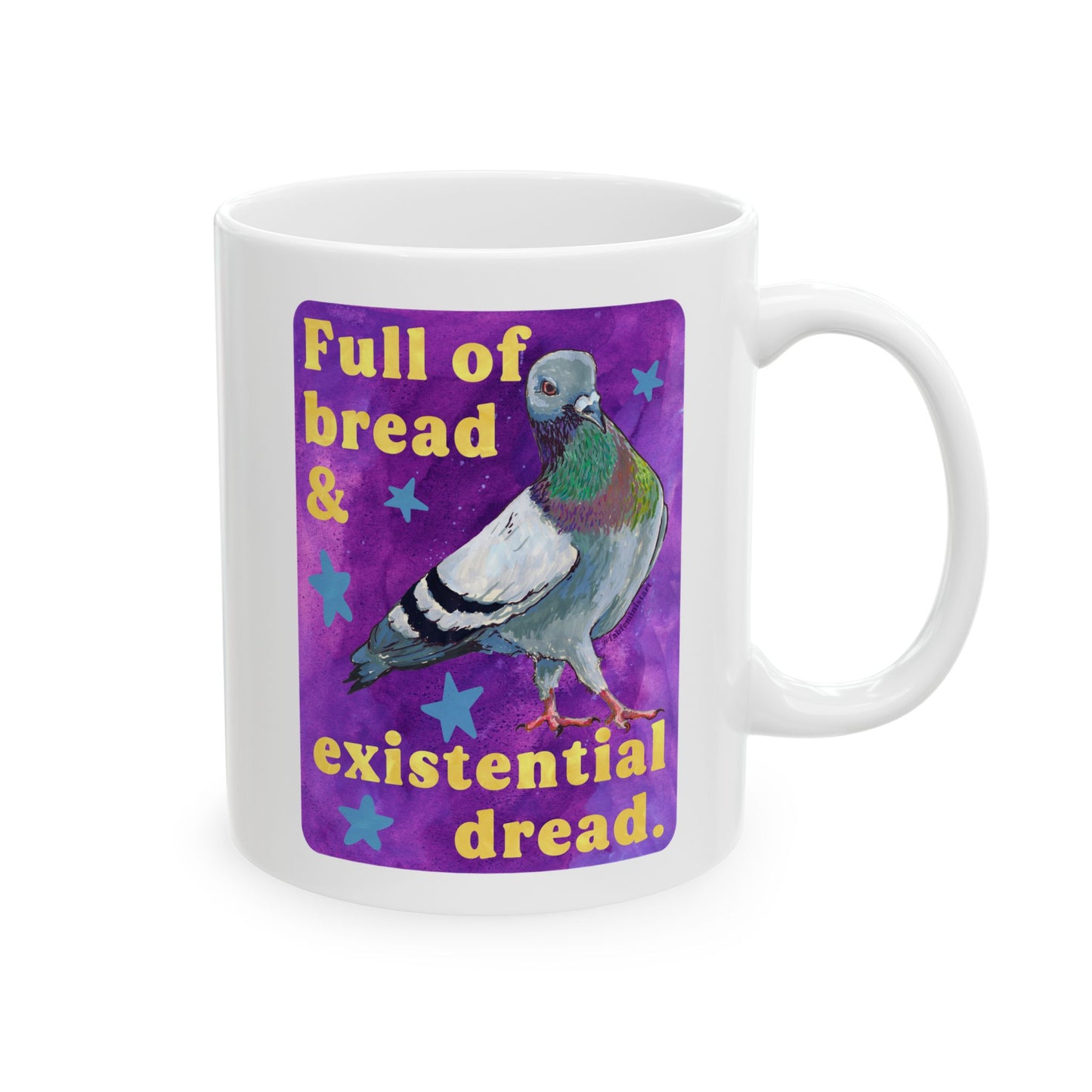 Full of bread and existential dread: pigeon mug