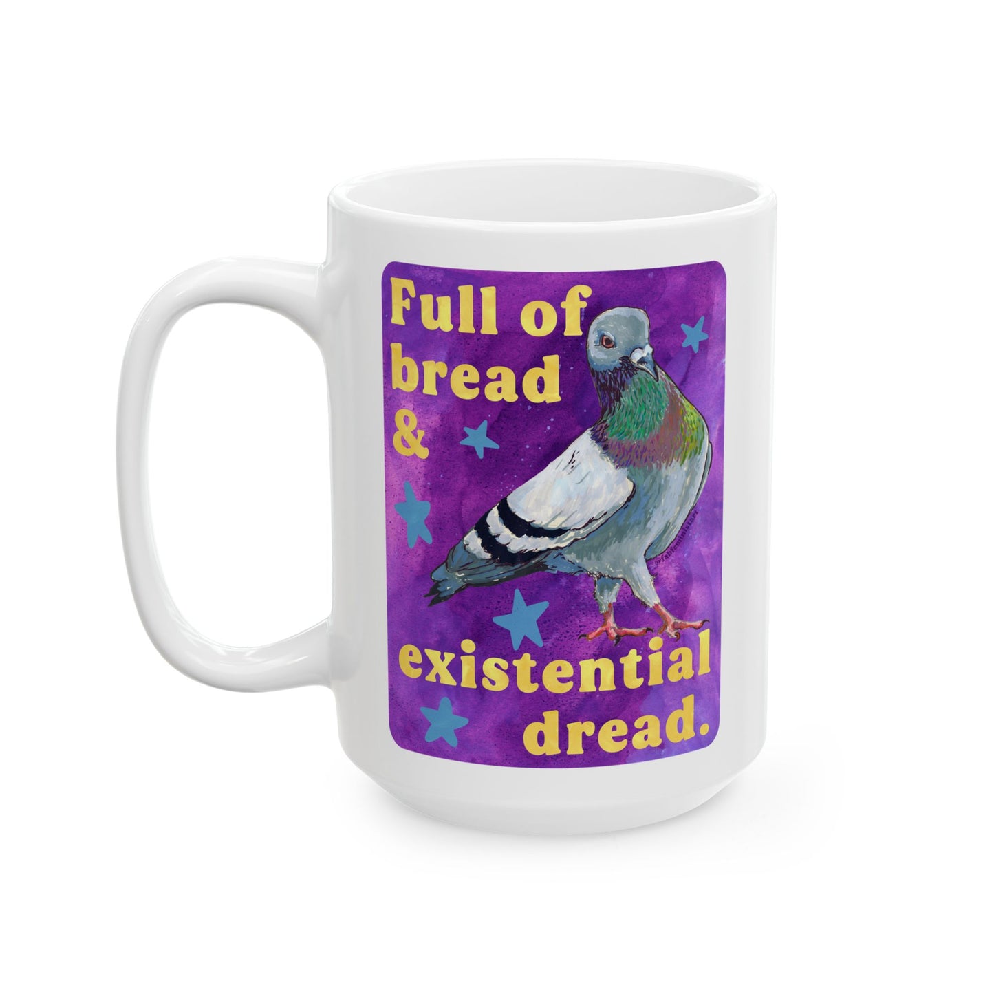 Full of bread and existential dread: pigeon mug