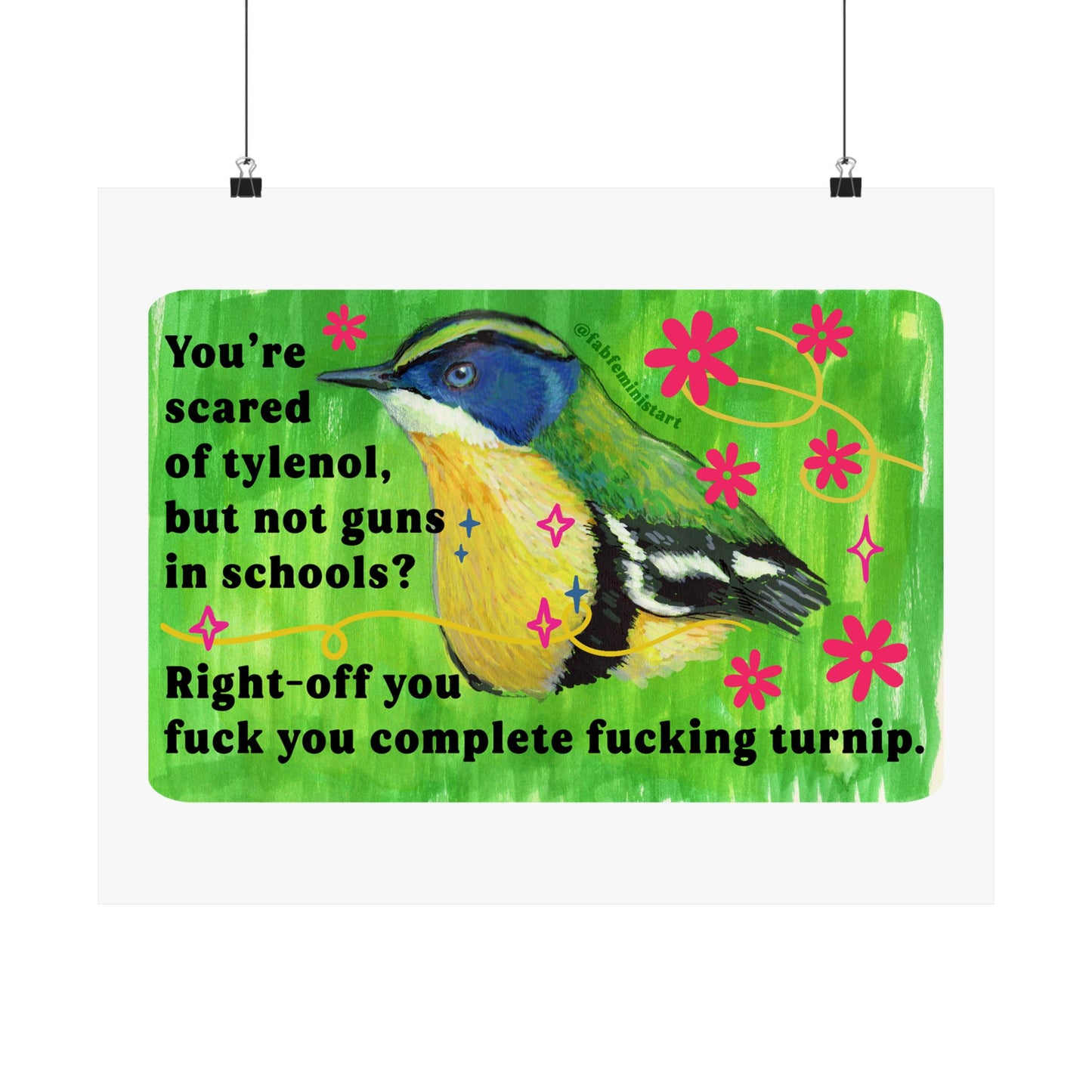 You're scared of tylenol, but not guns in schools? Right-off you fuck you complete fucking turnip: feminist art print