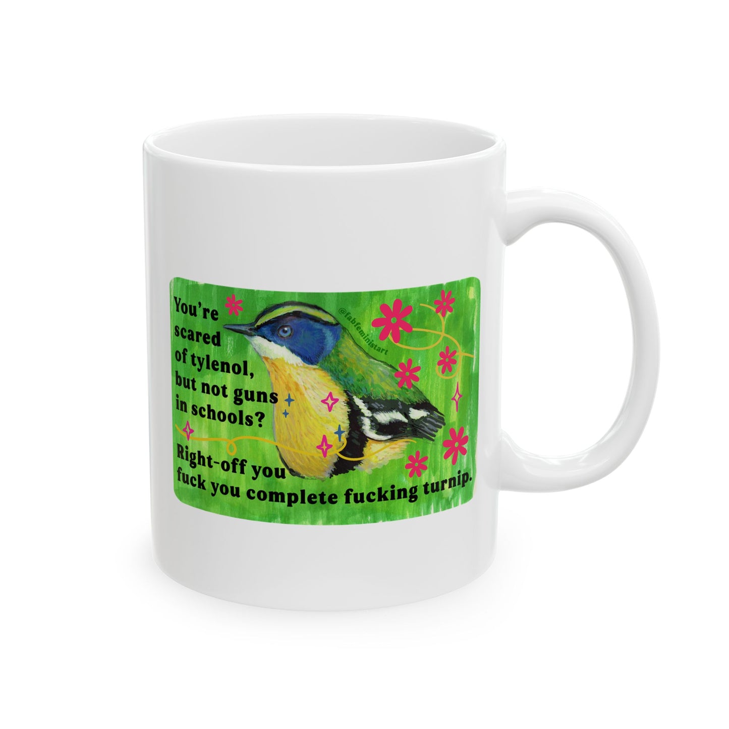 You're scared of tylenol, but not guns in schools? Right-off you fuck you complete fucking turnip: feminist mug