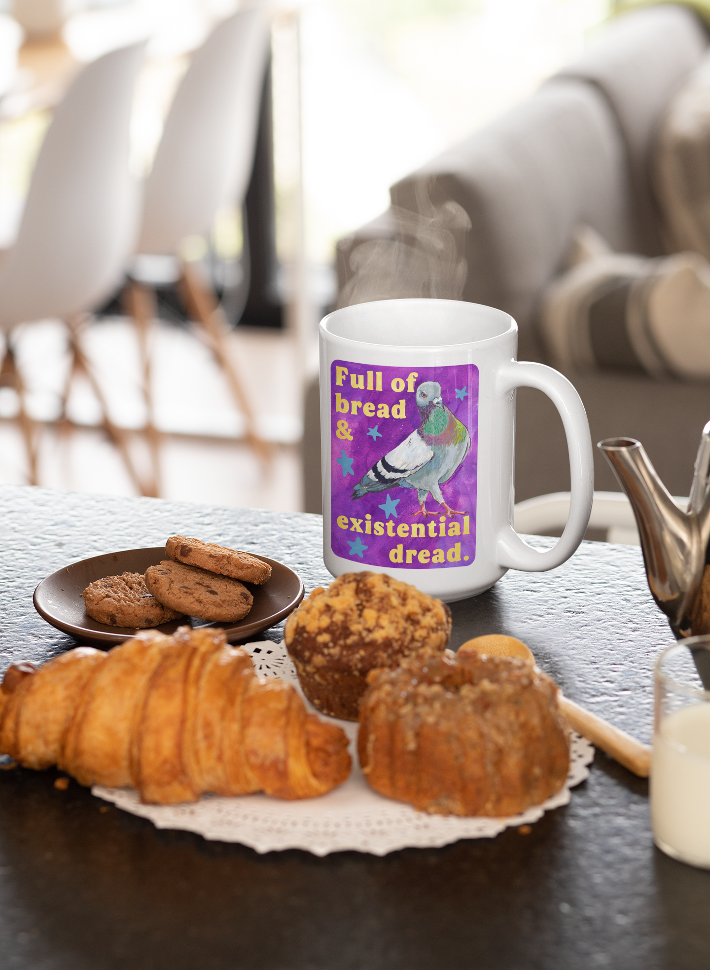 Full of bread and existential dread: pigeon mug