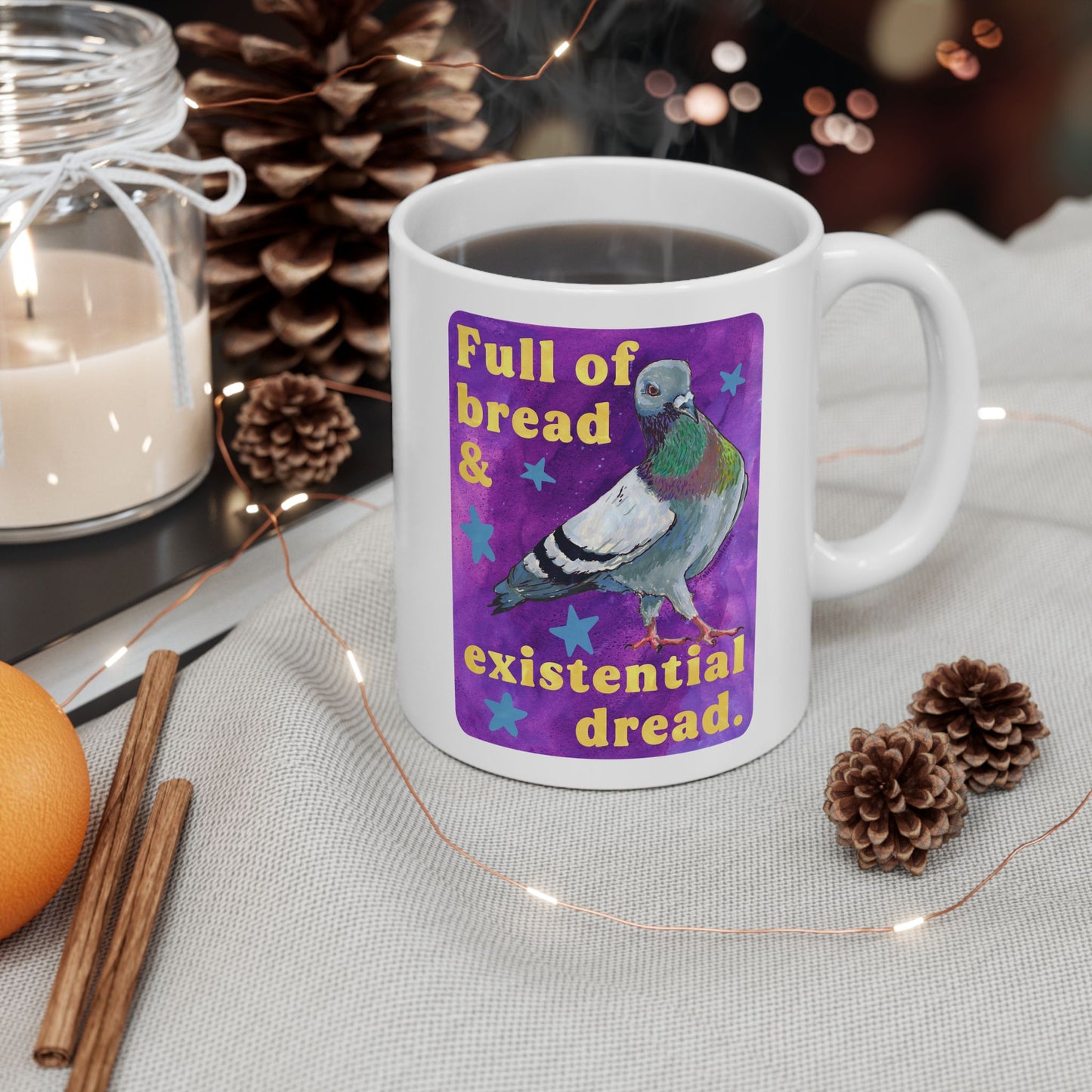 Full of bread and existential dread: pigeon mug