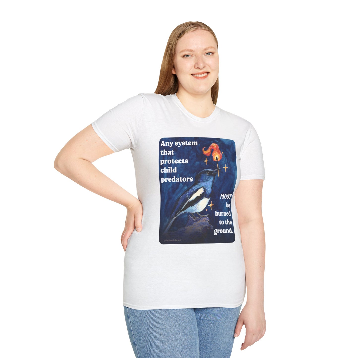 Any system that protects child predators must be burned to the ground: feminist shirt