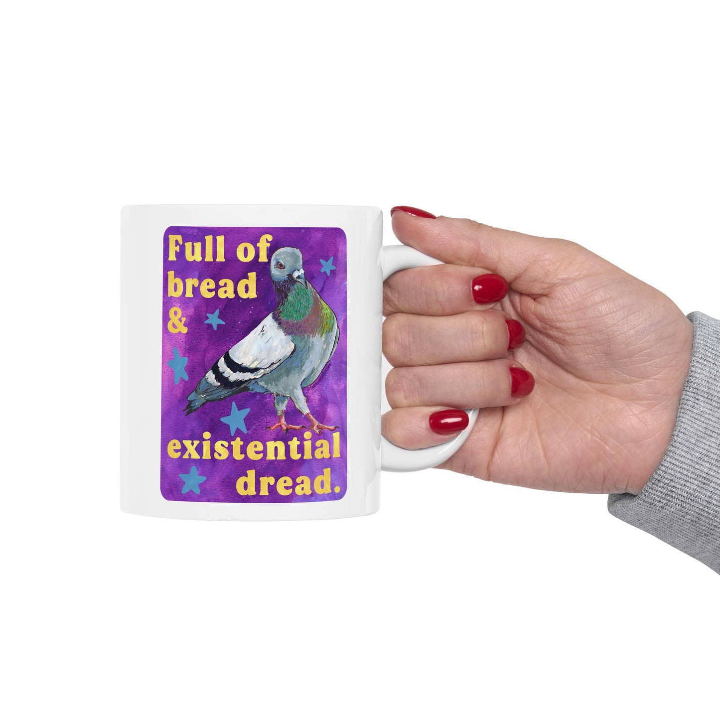 Full of bread and existential dread: pigeon mug