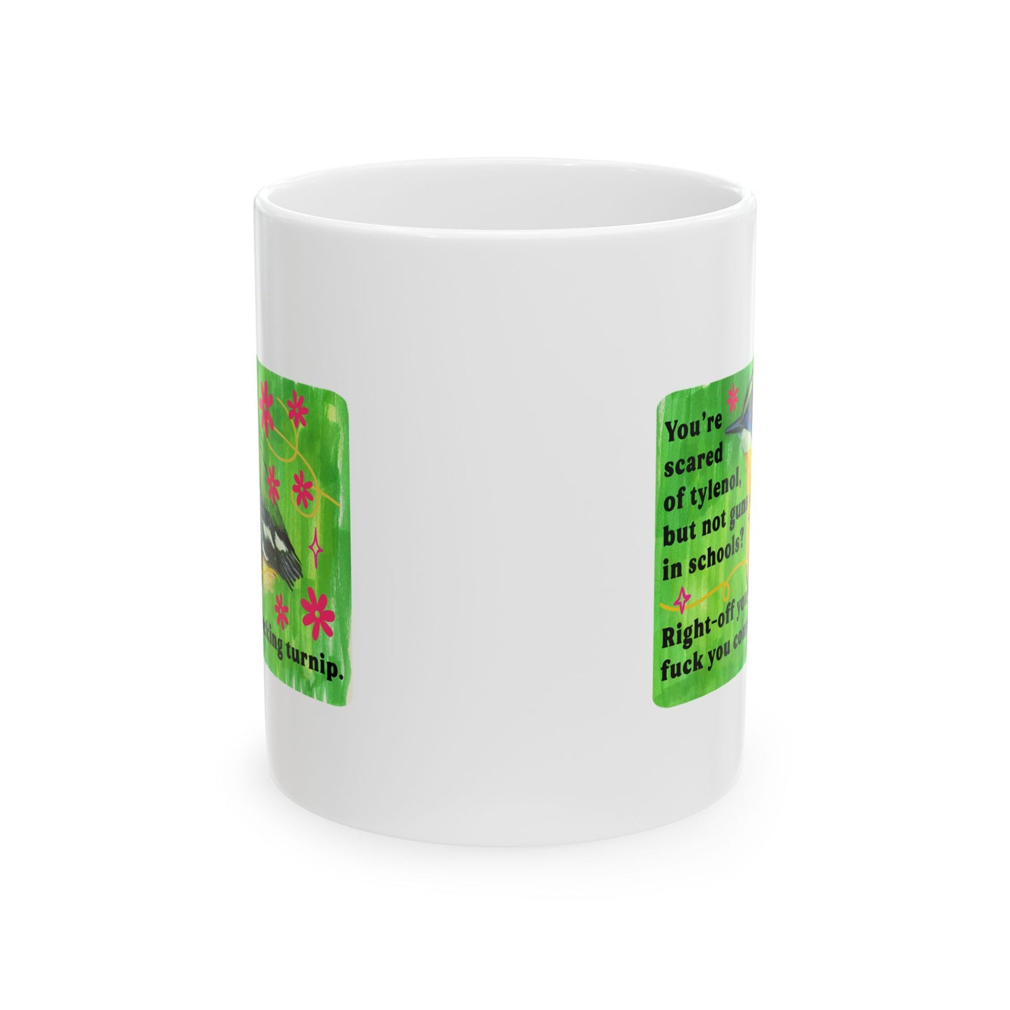 You're scared of tylenol, but not guns in schools? Right-off you fuck you complete fucking turnip: feminist mug