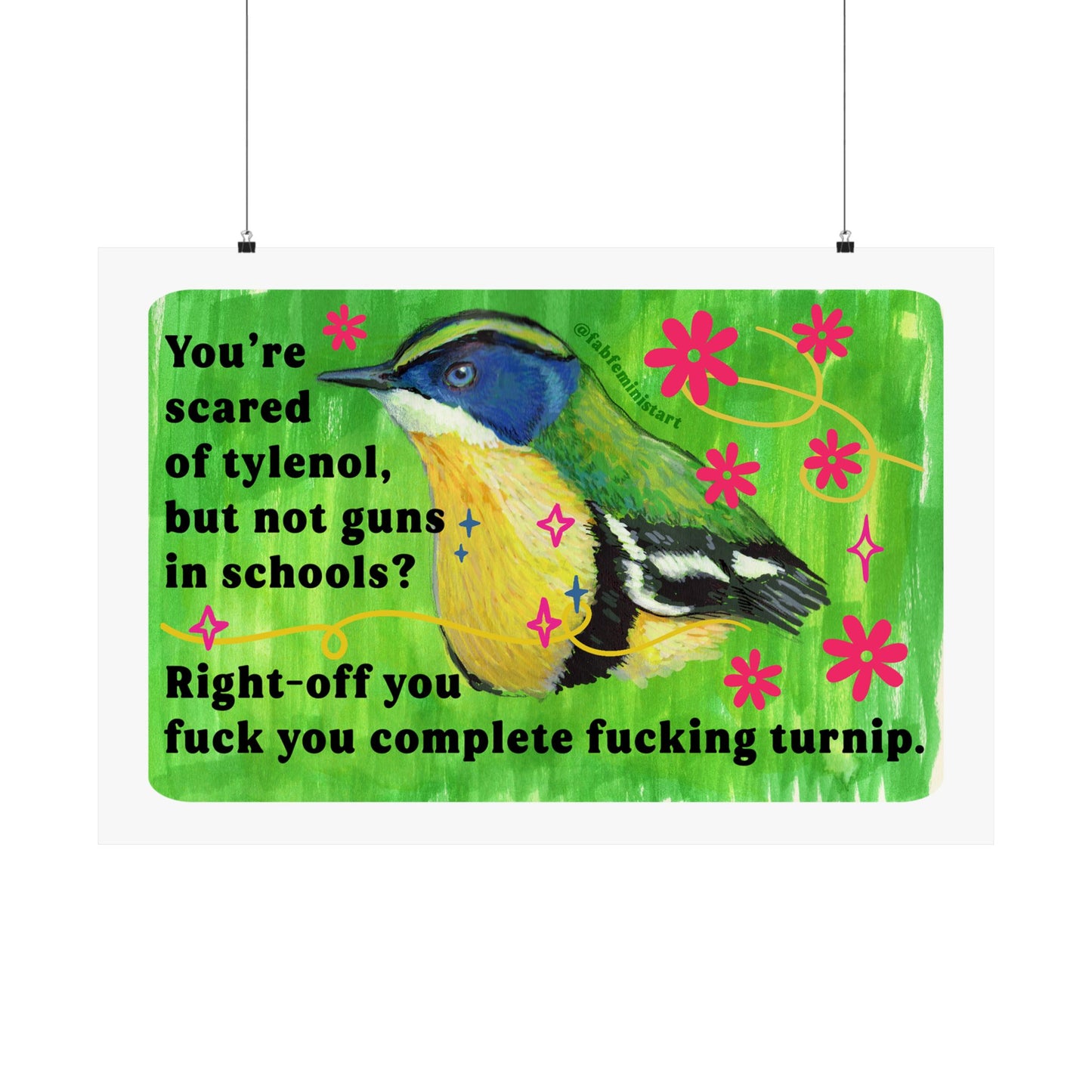 You're scared of tylenol, but not guns in schools? Right-off you fuck you complete fucking turnip: feminist art print