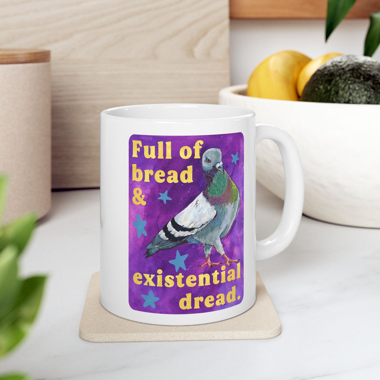 Full of bread and existential dread: pigeon mug