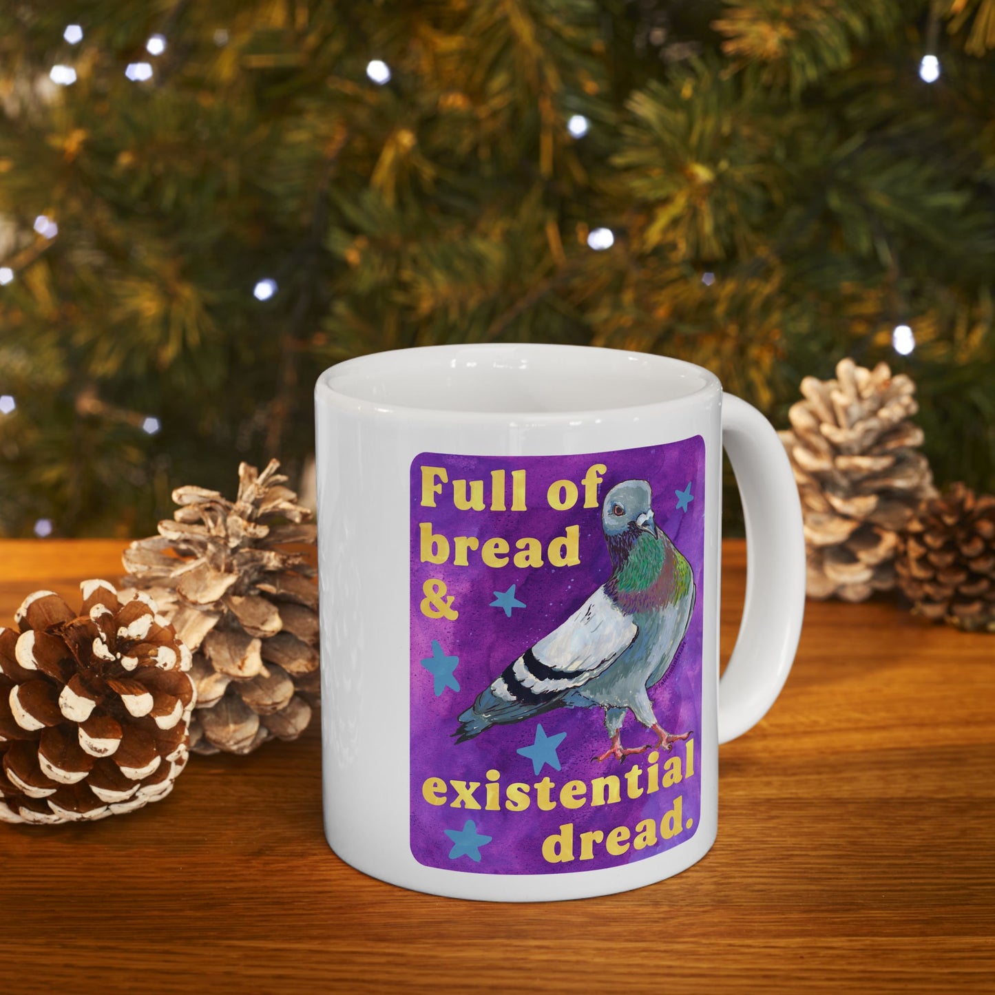 Full of bread and existential dread: pigeon mug