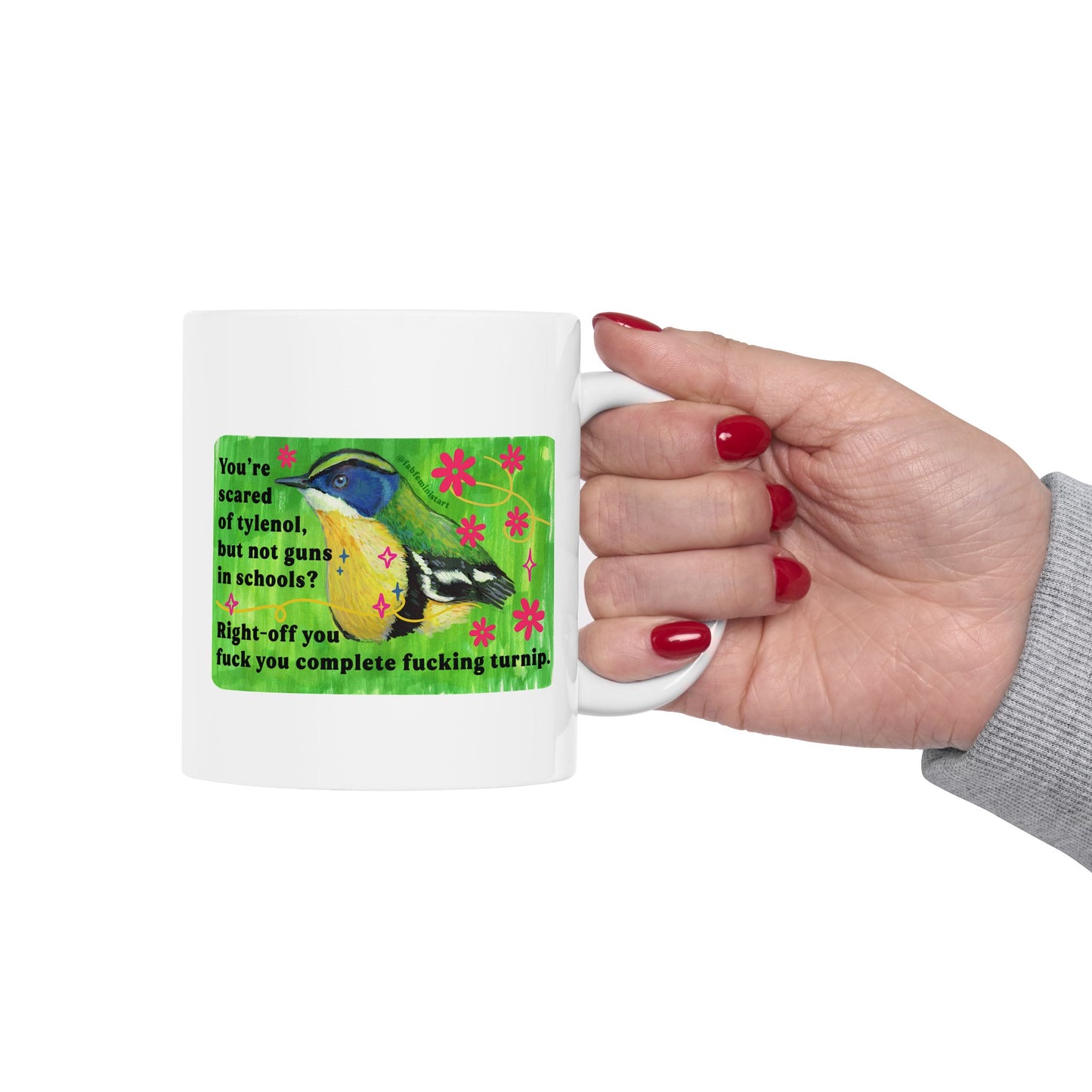 You're scared of tylenol, but not guns in schools? Right-off you fuck you complete fucking turnip: feminist mug