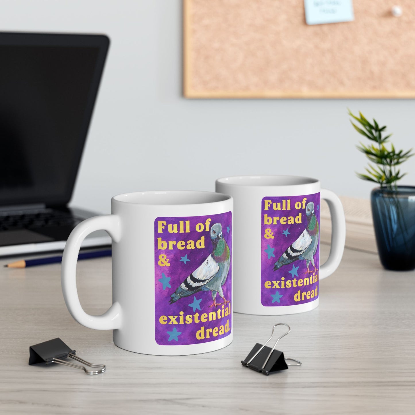 Full of bread and existential dread: pigeon mug
