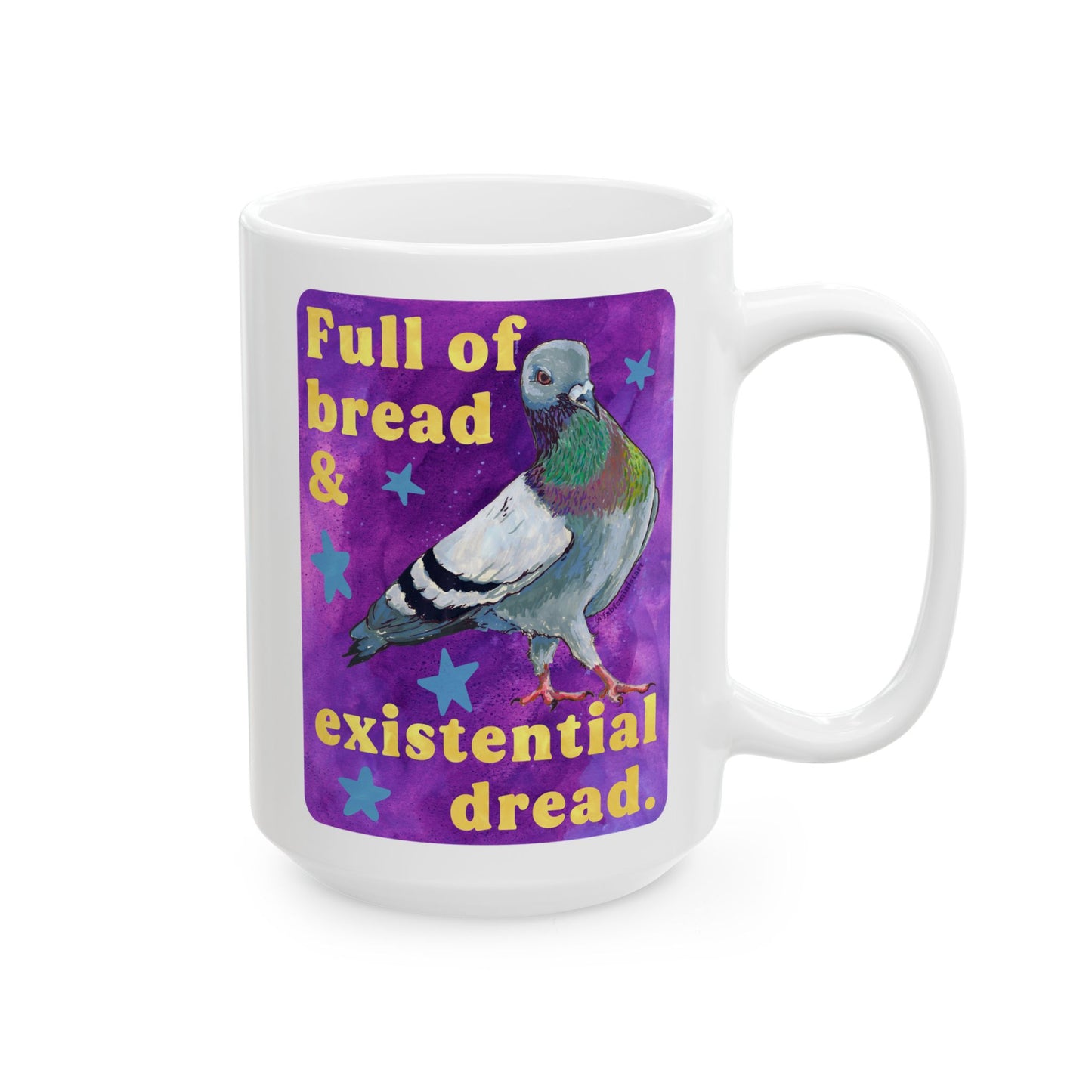 Full of bread and existential dread: pigeon mug