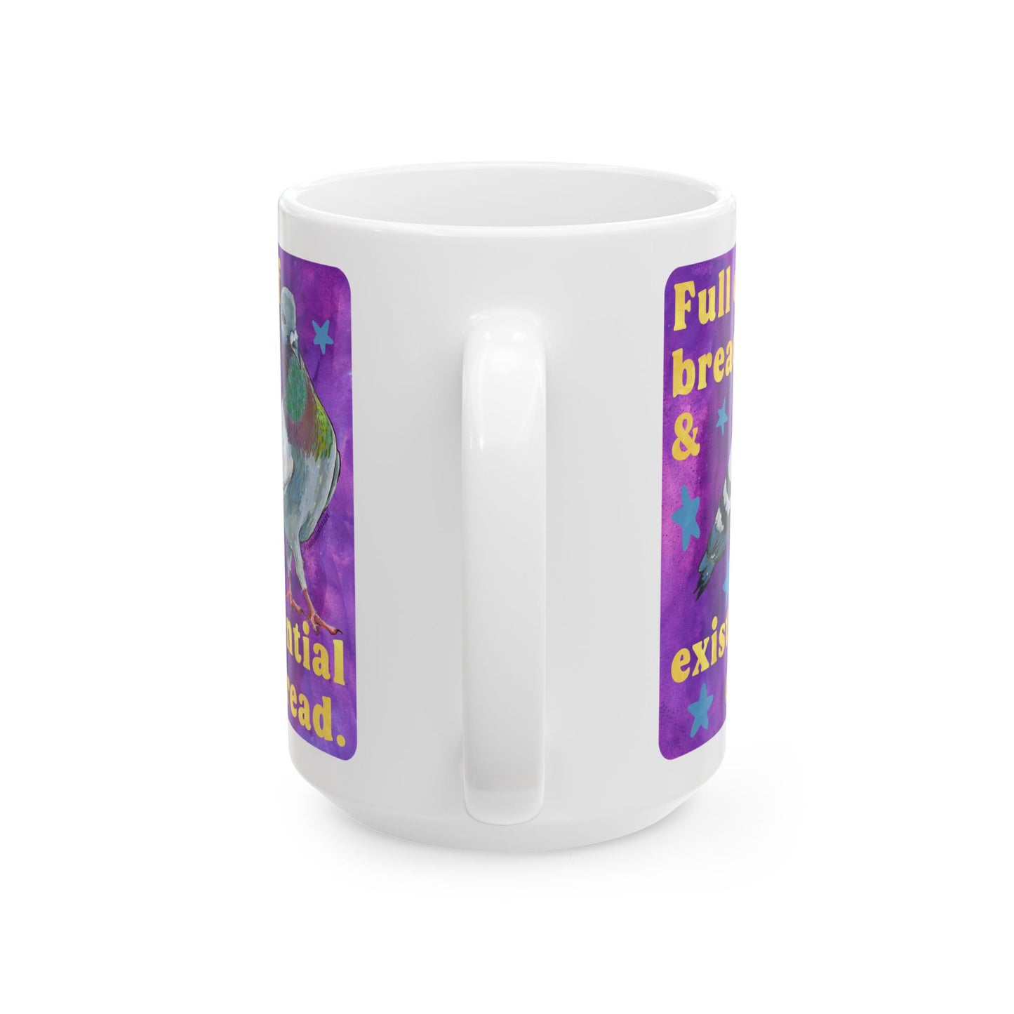 Full of bread and existential dread: pigeon mug