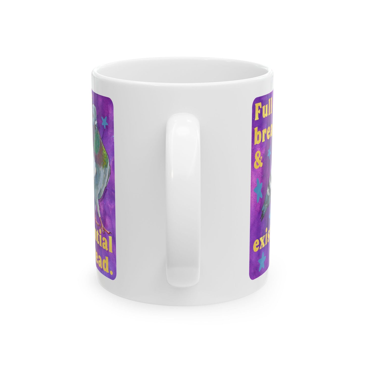 Full of bread and existential dread: pigeon mug