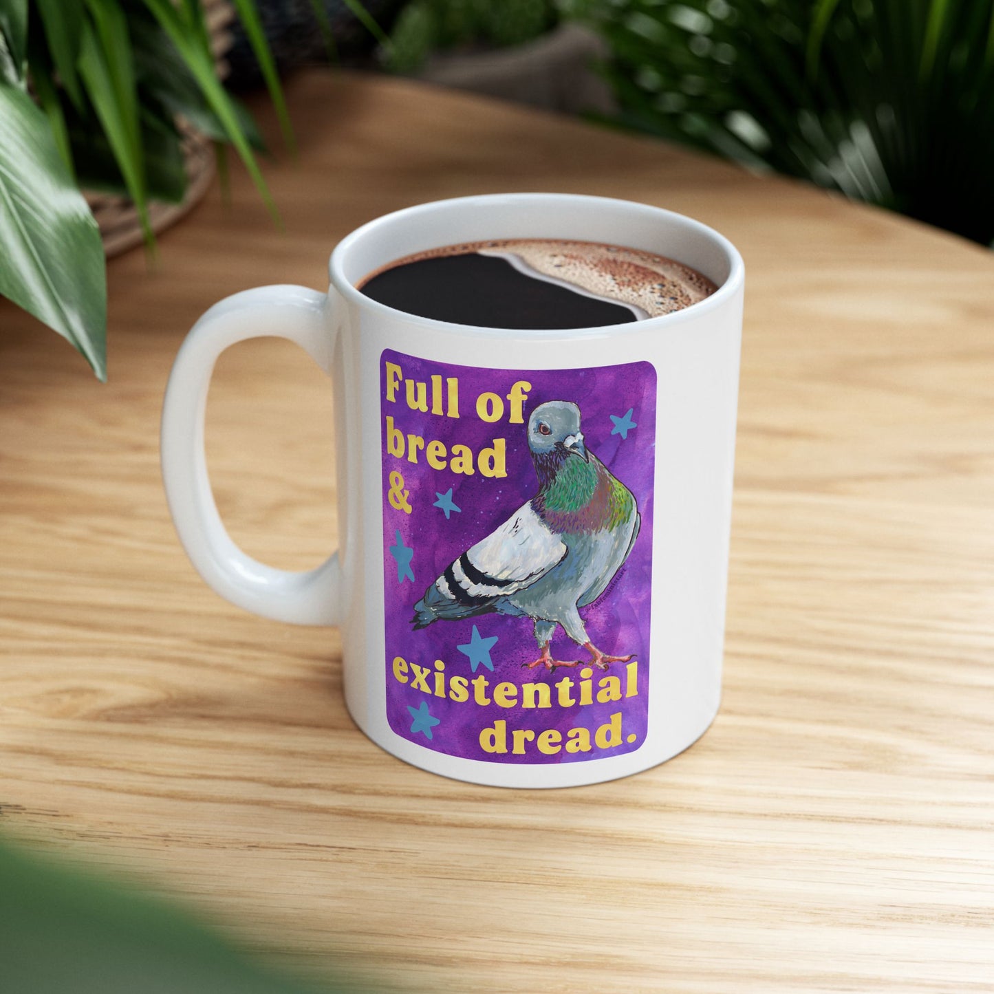 Full of bread and existential dread: pigeon mug
