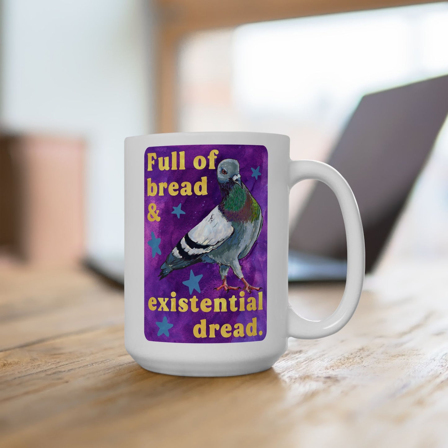 Full of bread and existential dread: pigeon mug