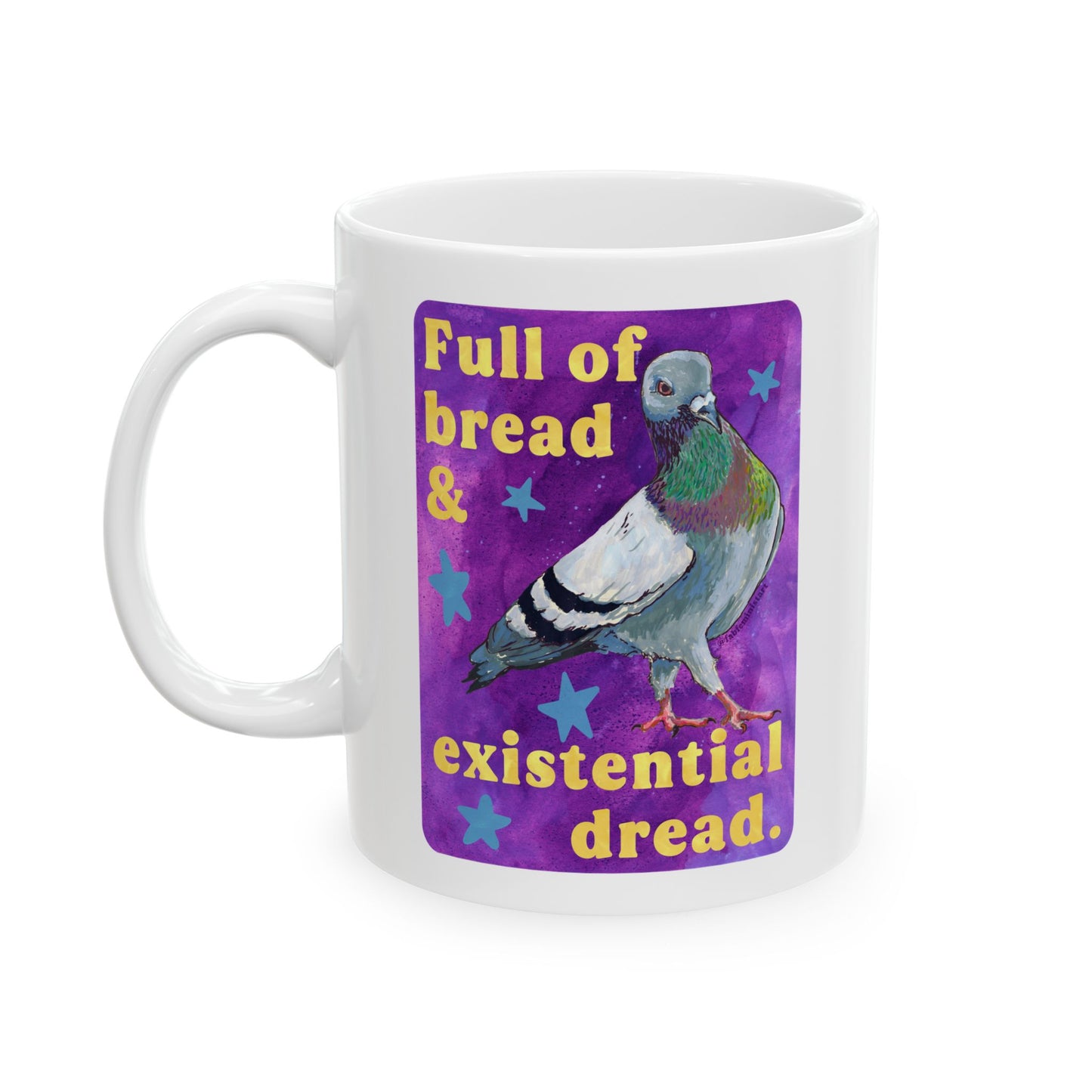 Full of bread and existential dread: pigeon mug