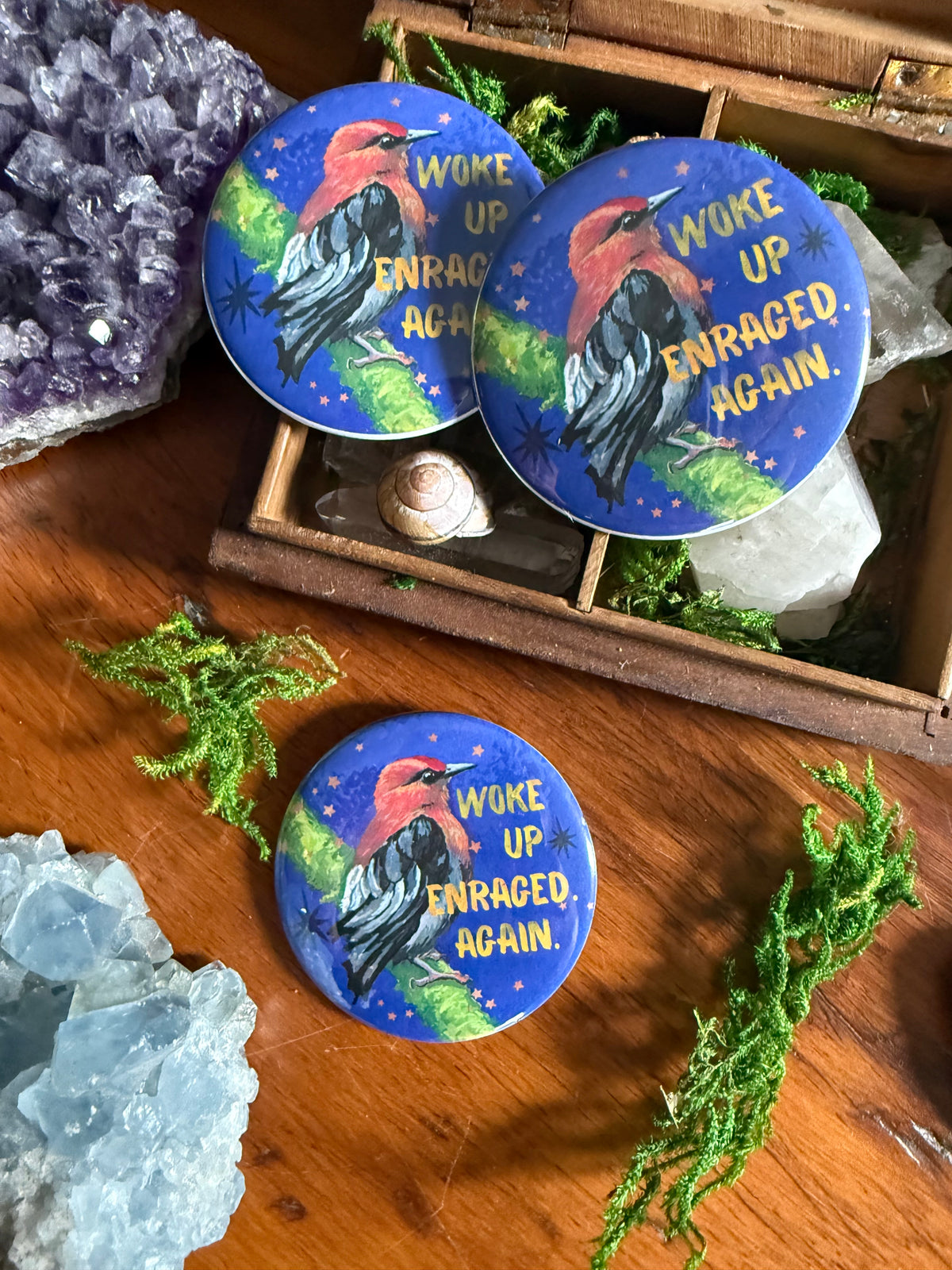 Woke Up Enraged Again: Feminist Pinback Button