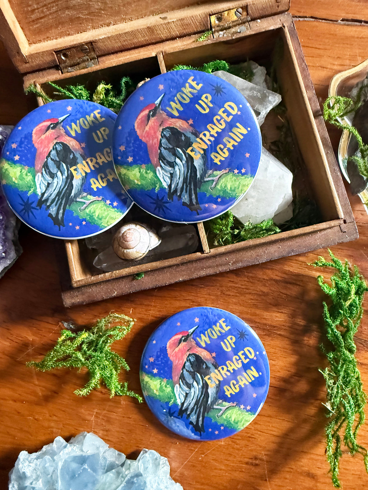 Woke Up Enraged Again: Feminist Pinback Button