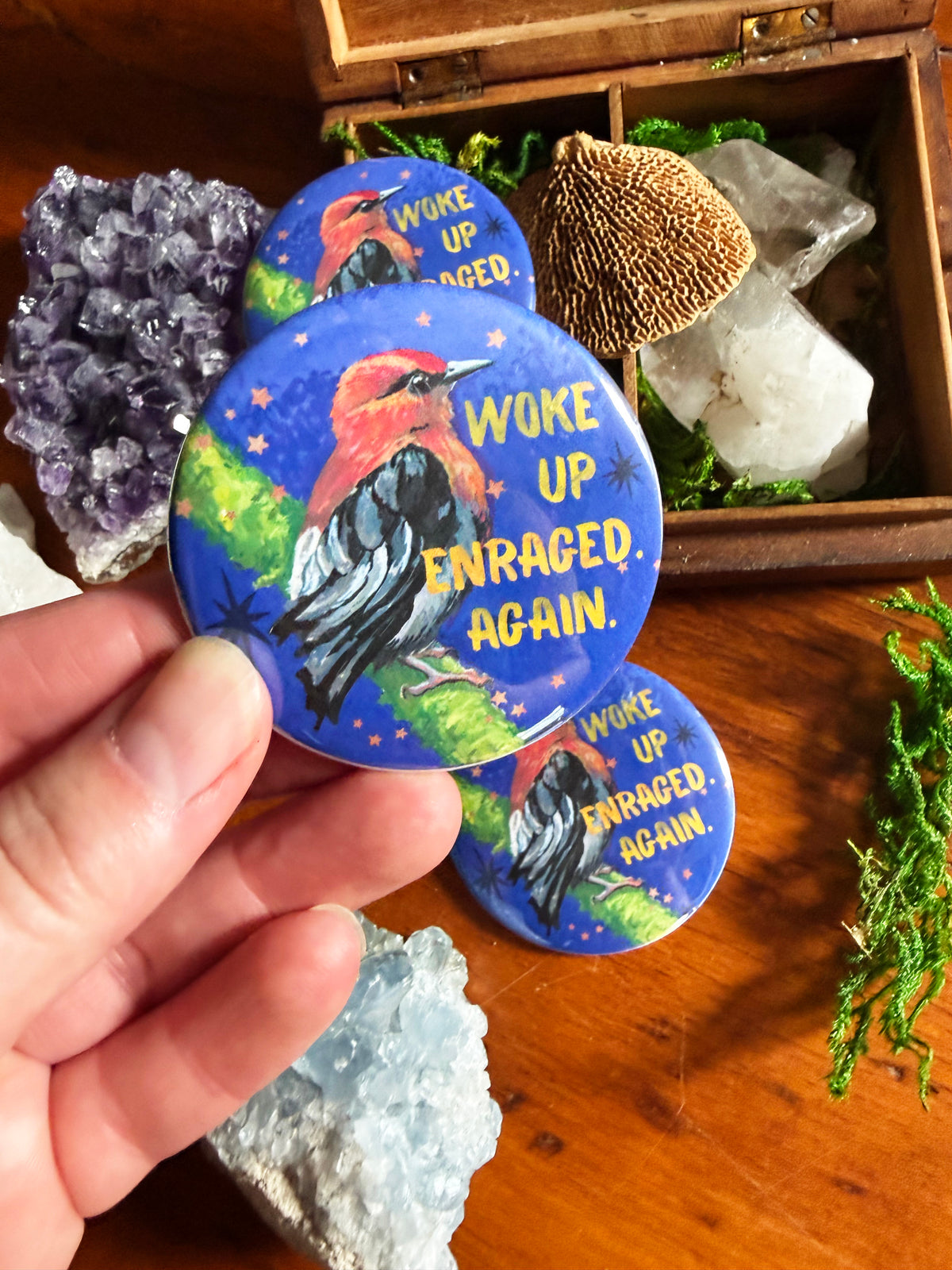 Woke Up Enraged Again: Feminist Pinback Button