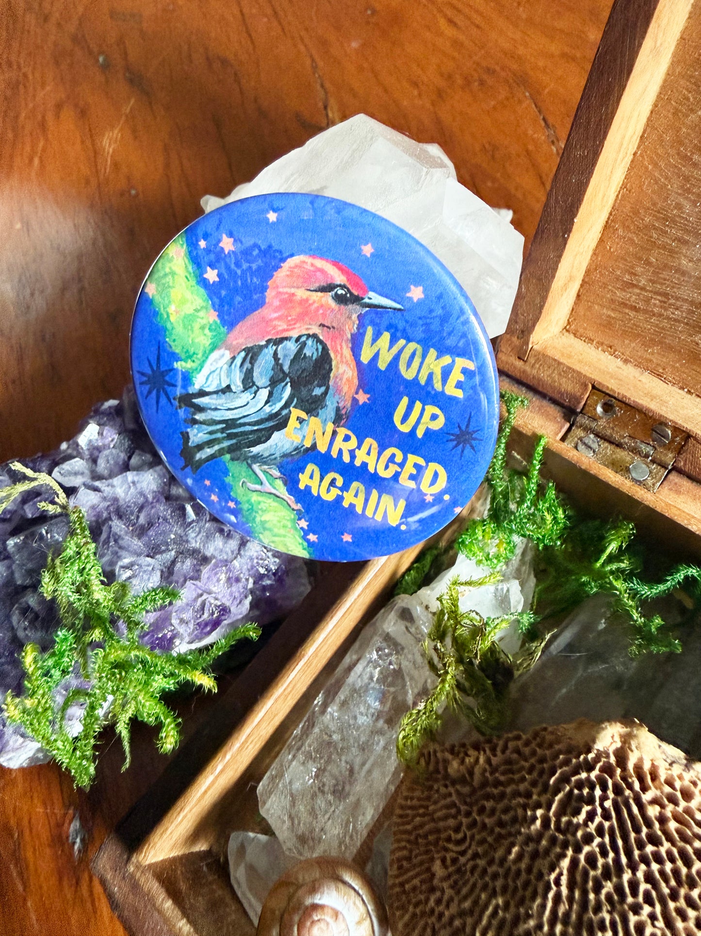 Woke Up Enraged Again: Feminist Pinback Button