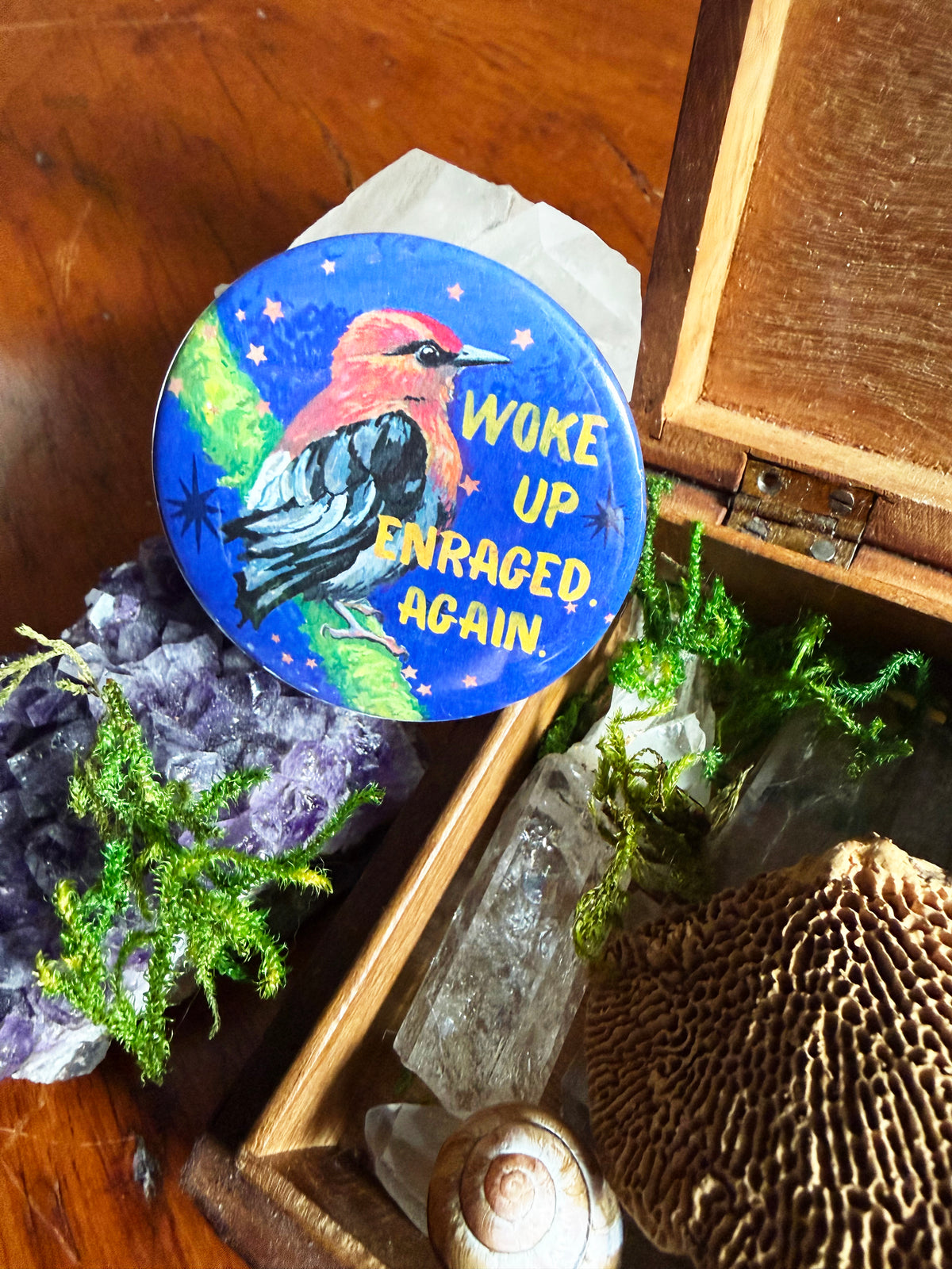 Woke Up Enraged Again: Feminist Pinback Button