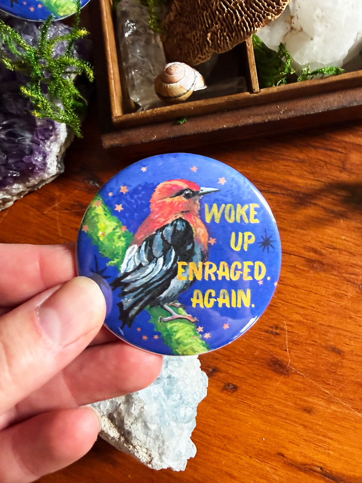 Woke Up Enraged Again: Feminist Pinback Button