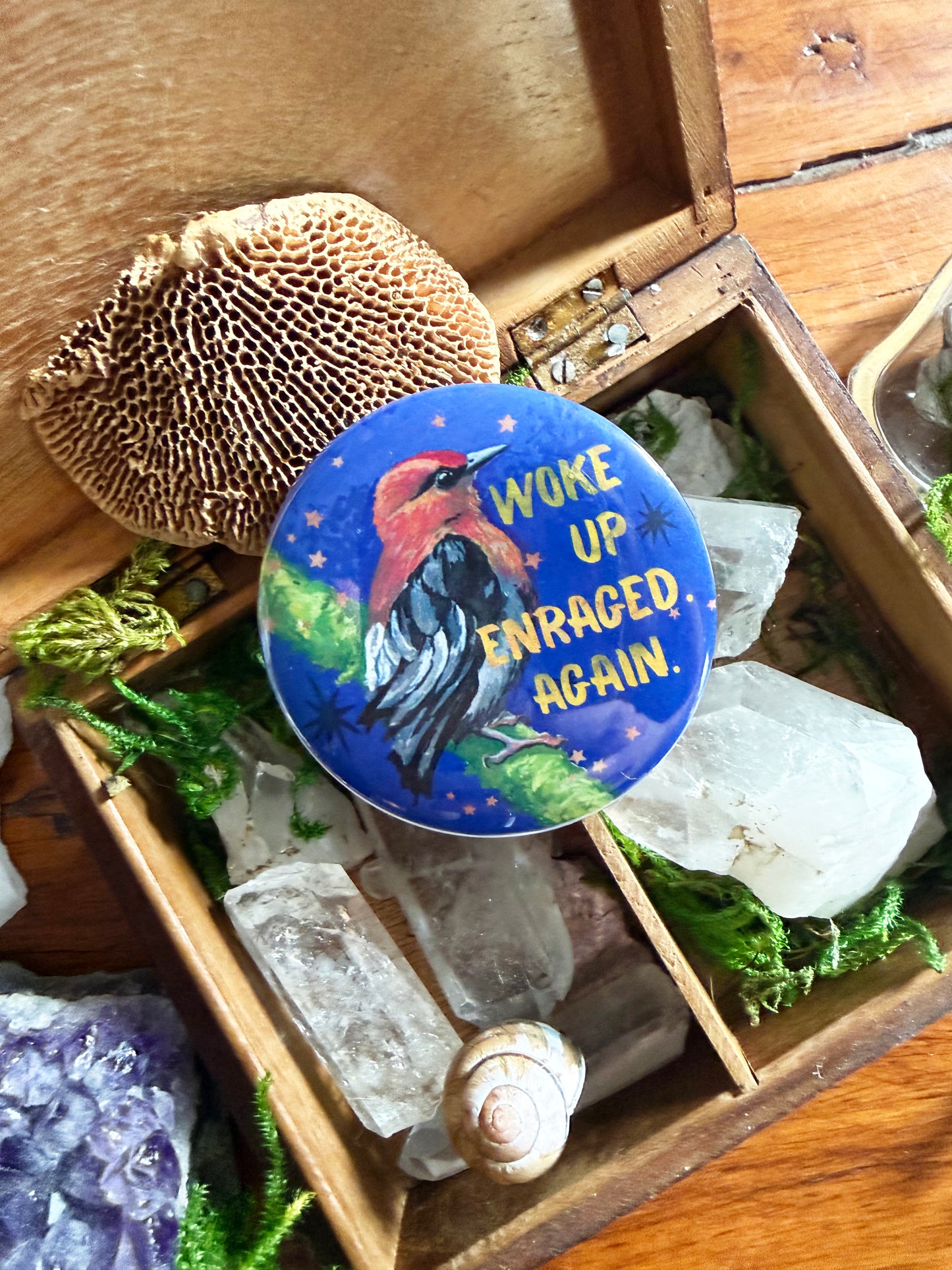 Woke Up Enraged Again: Feminist Pinback Button