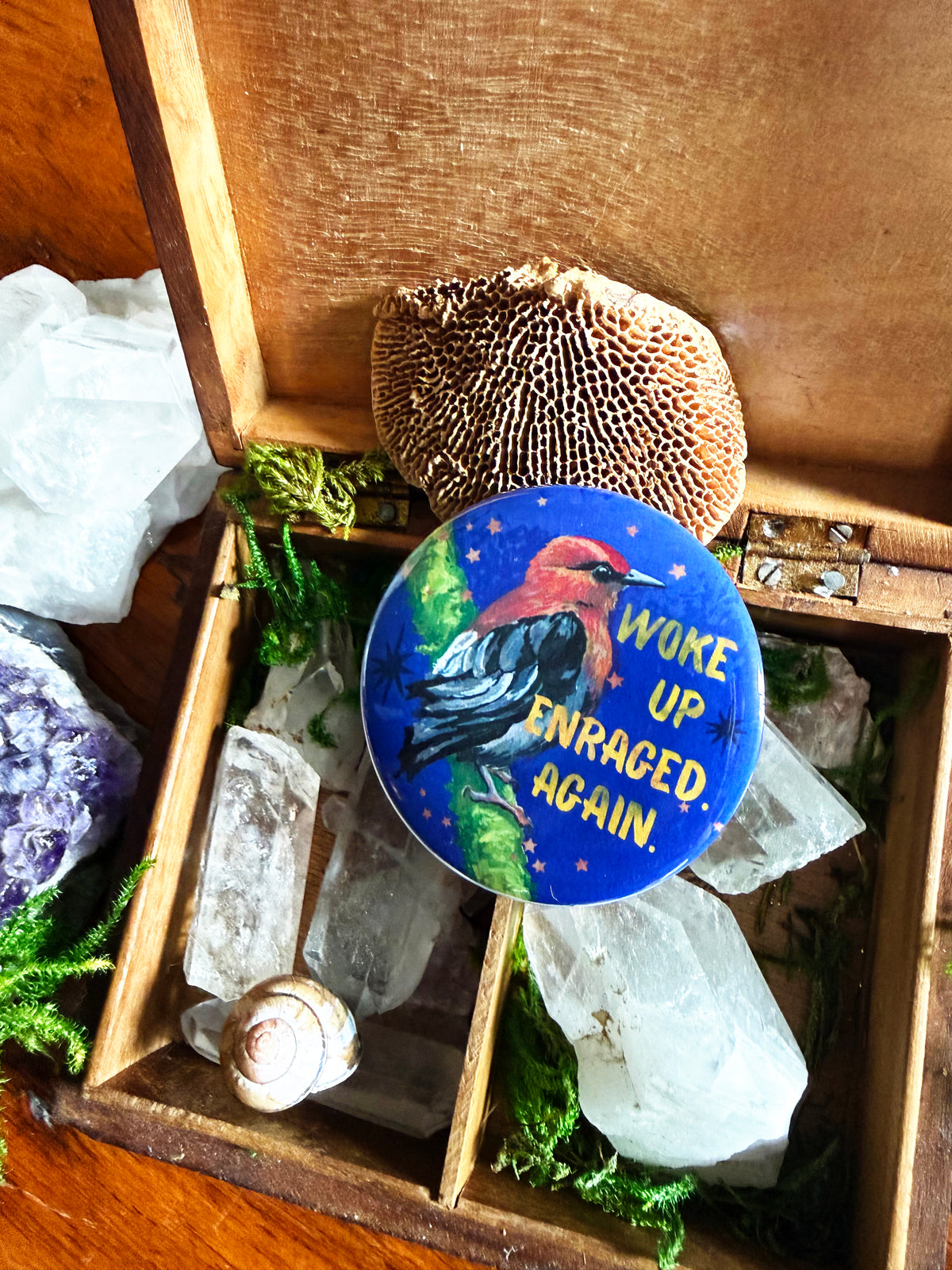 Woke Up Enraged Again: Feminist Pinback Button