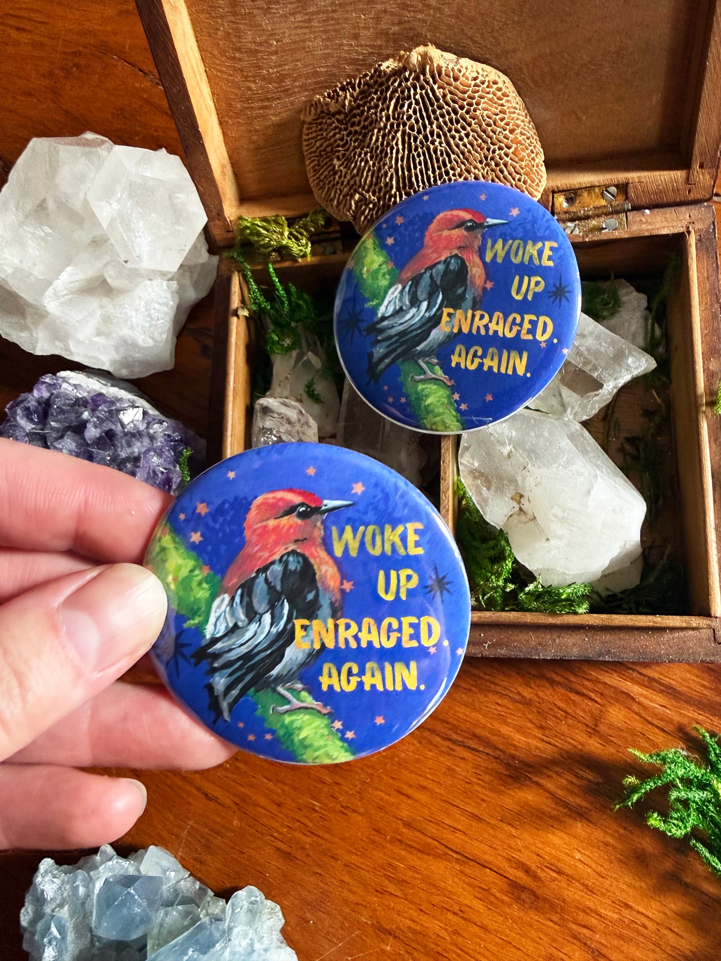 Woke Up Enraged Again: Feminist Pinback Button