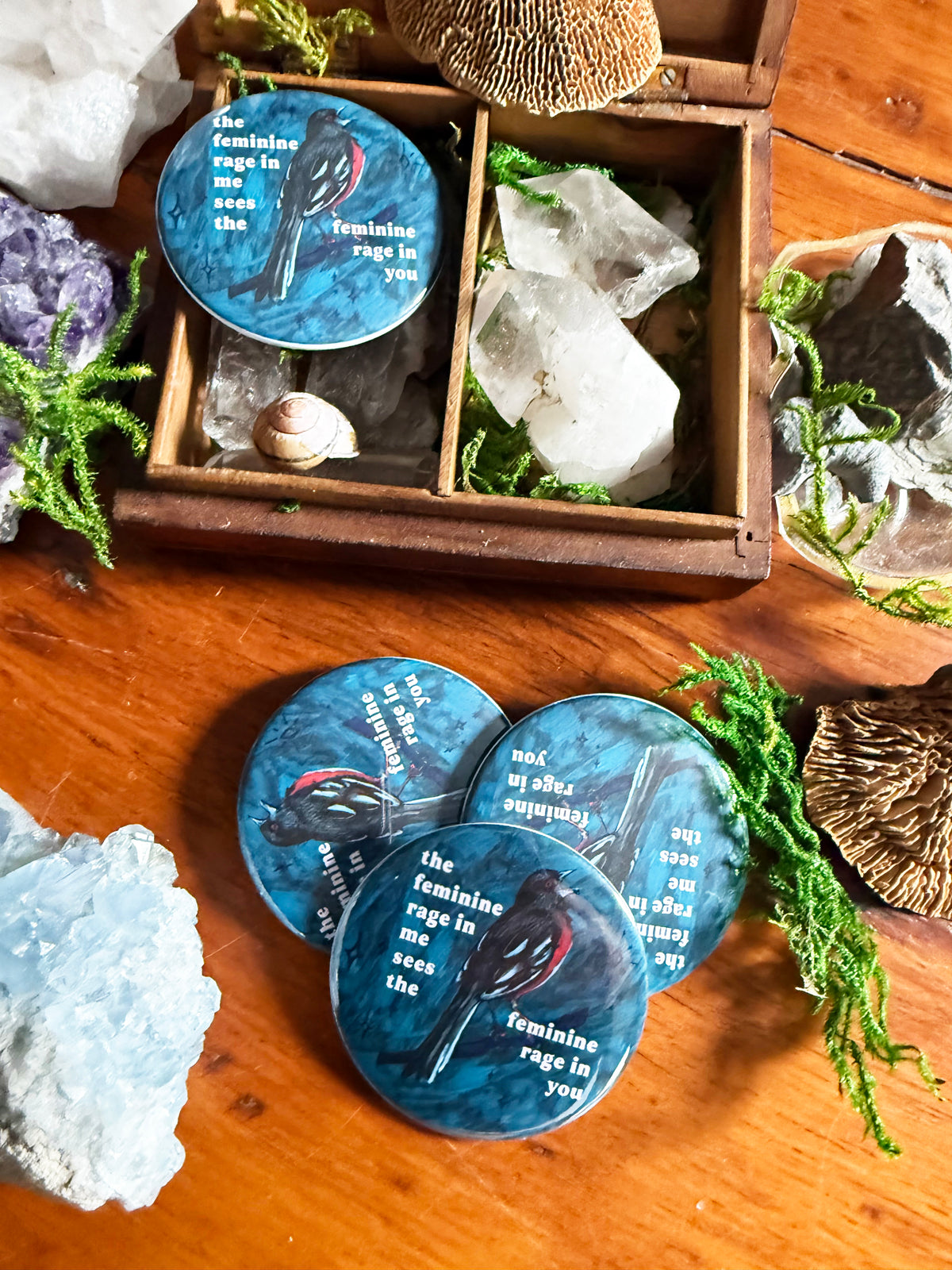 The feminine rage in me sees the feminine rage in you: Feminist Pinback Button