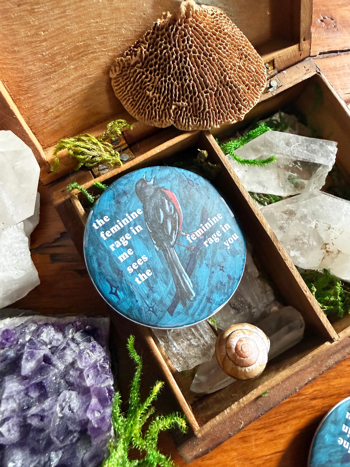 The feminine rage in me sees the feminine rage in you: Feminist Pinback Button